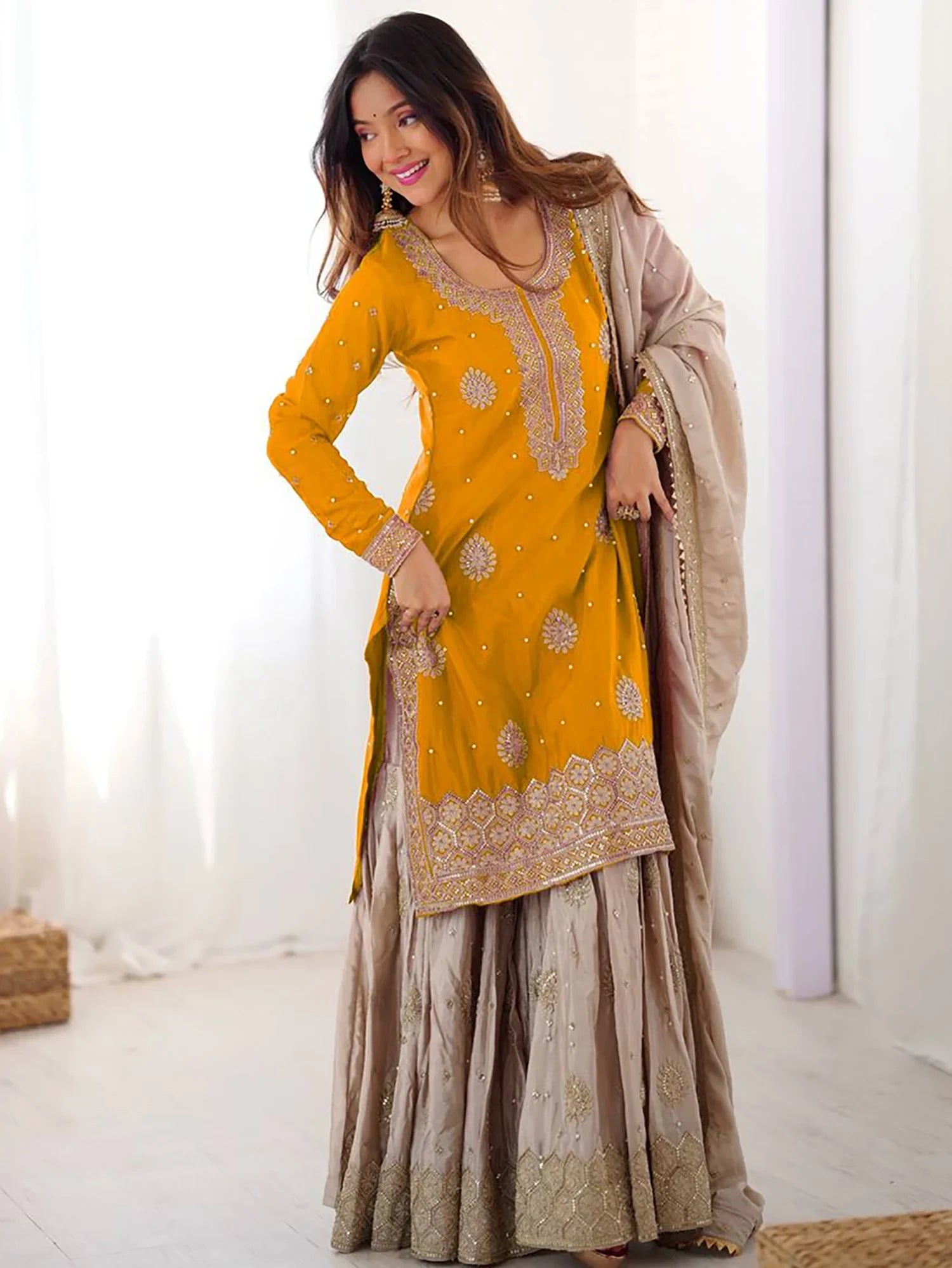 Elegant Yellow Thread Embroidery Silk Festival Wear Sharara Suit