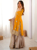 Elegant Yellow Thread Embroidery Silk Festival Wear Sharara Suit