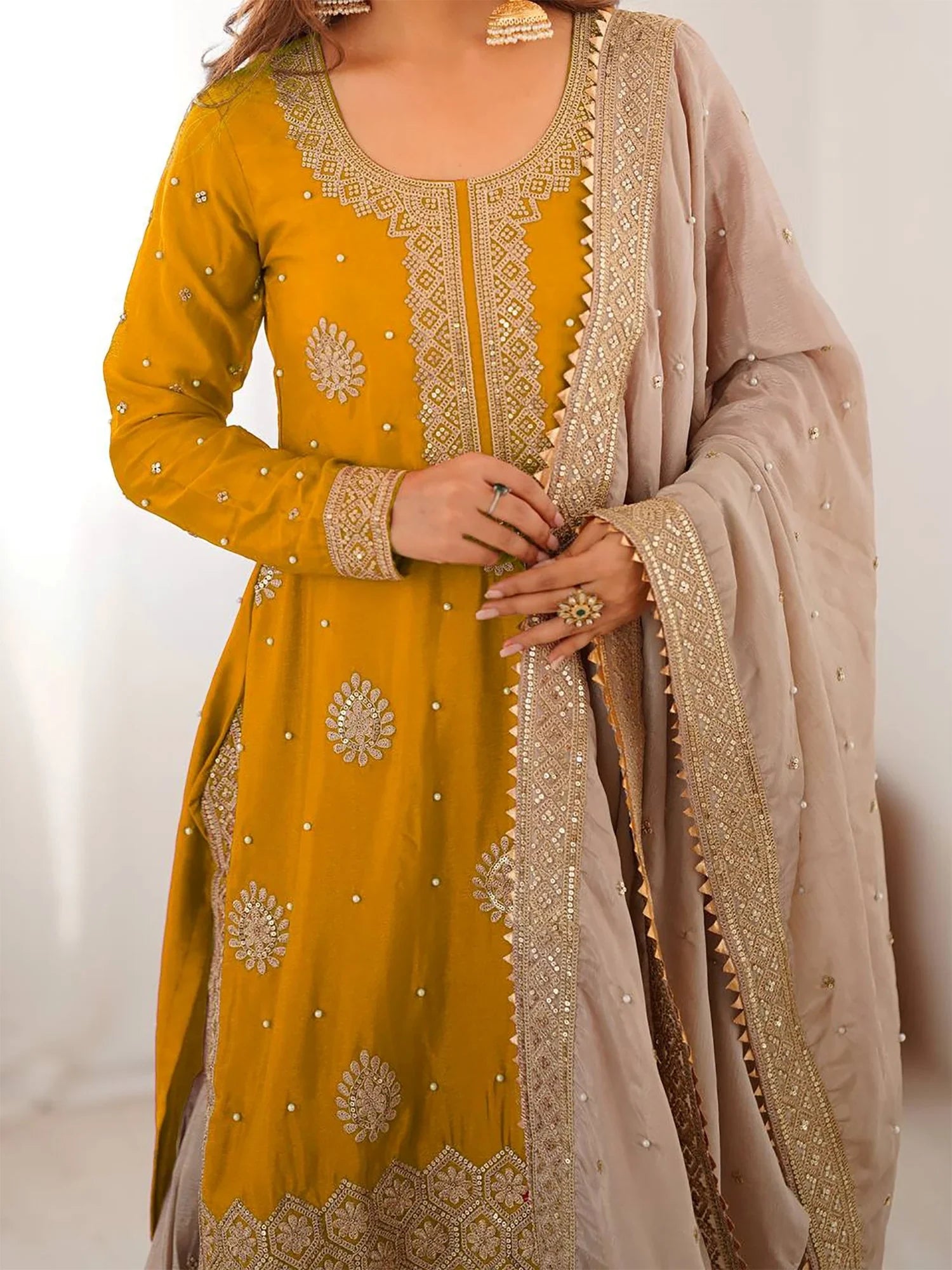 Elegant Yellow Thread Embroidery Silk Festival Wear Sharara Suit