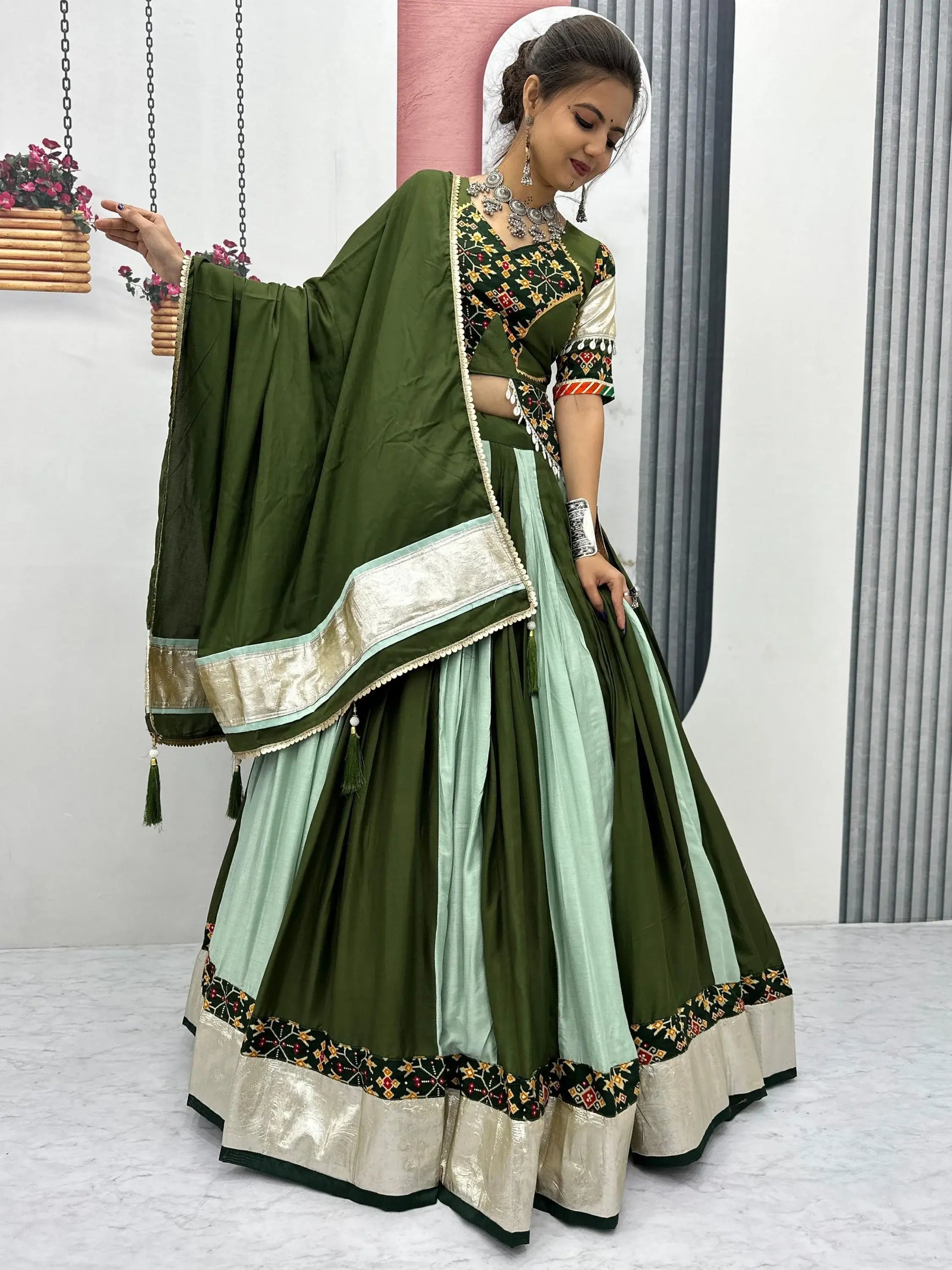 Elevated Green Lace Border Cotton Festive Wear Lehenga Choli With Dupatta - Zeel Clothing