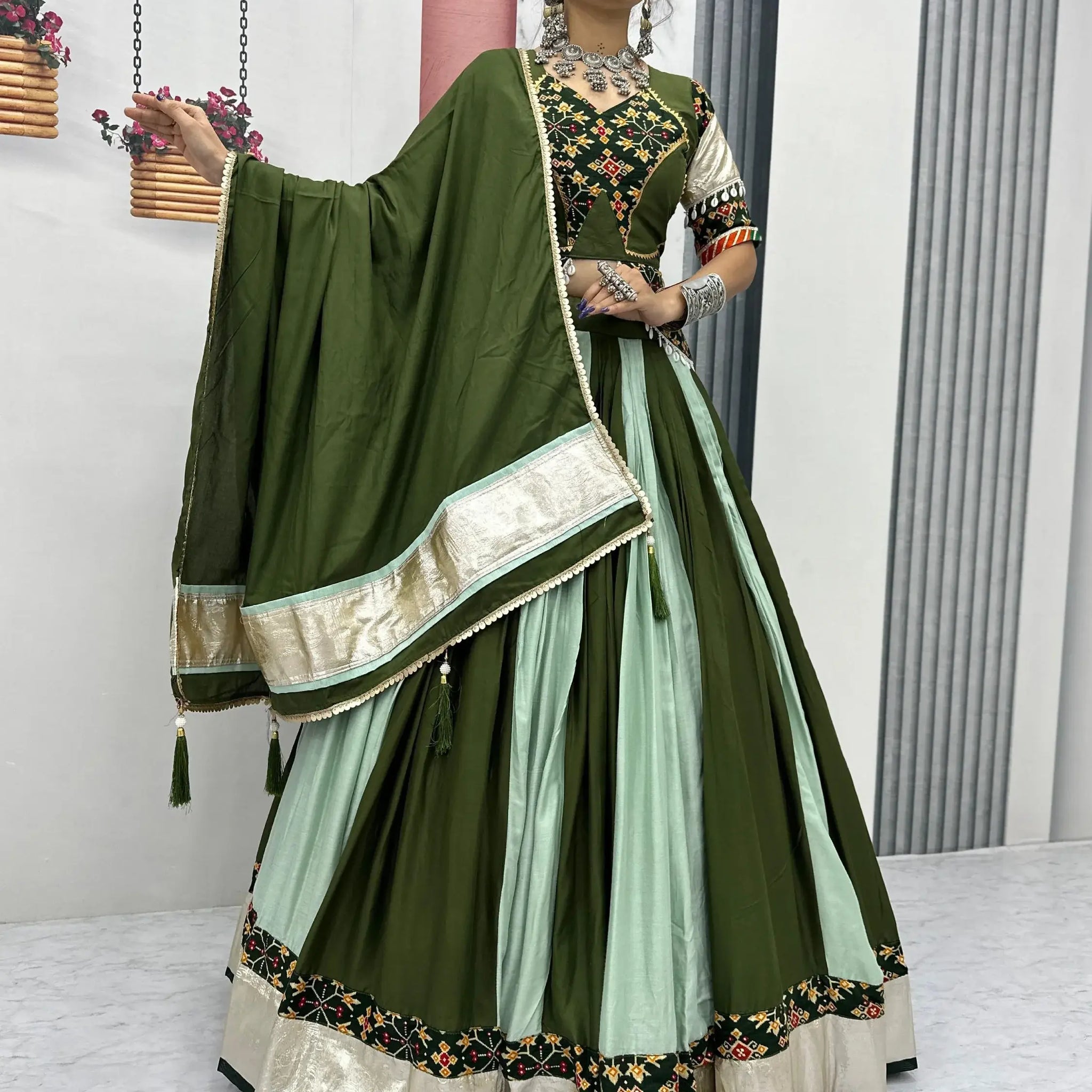 Elevated Green Lace Border Cotton Festive Wear Lehenga Choli With Dupatta - Zeel Clothing