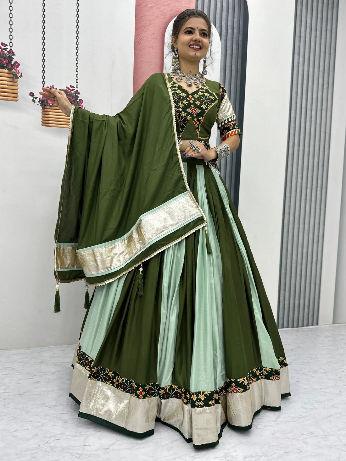 Elevated Green Lace Border Cotton Festive Wear Lehenga Choli With Dupatta - Zeel Clothing