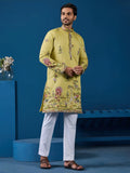 Elevated Yellow Sequins Embroidery Viscose Silk Men Kurta With Pant Set