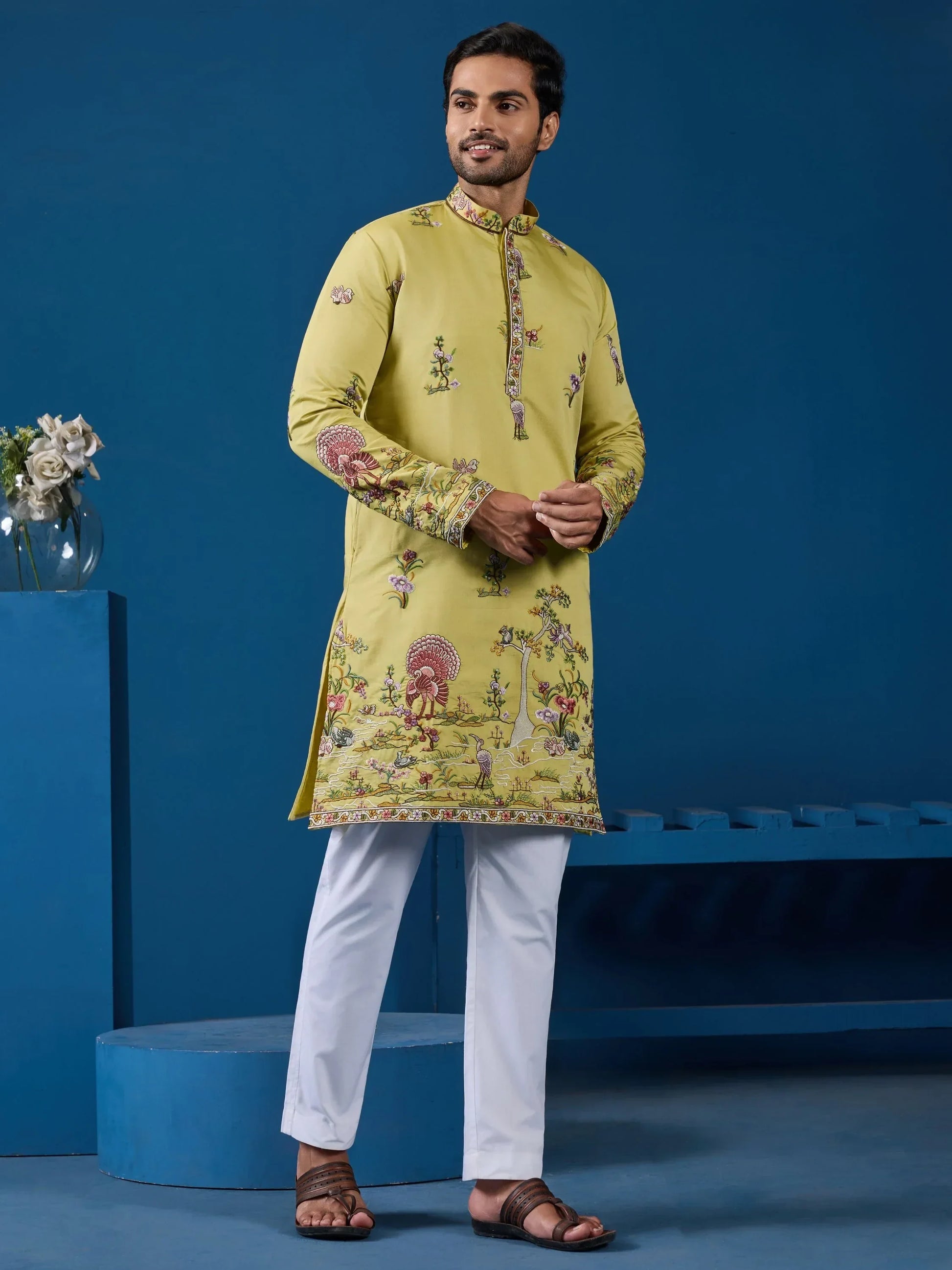 Elevated Yellow Sequins Embroidery Viscose Silk Men Kurta With Pant Set