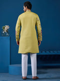 Elevated Yellow Sequins Embroidery Viscose Silk Men Kurta With Pant Set
