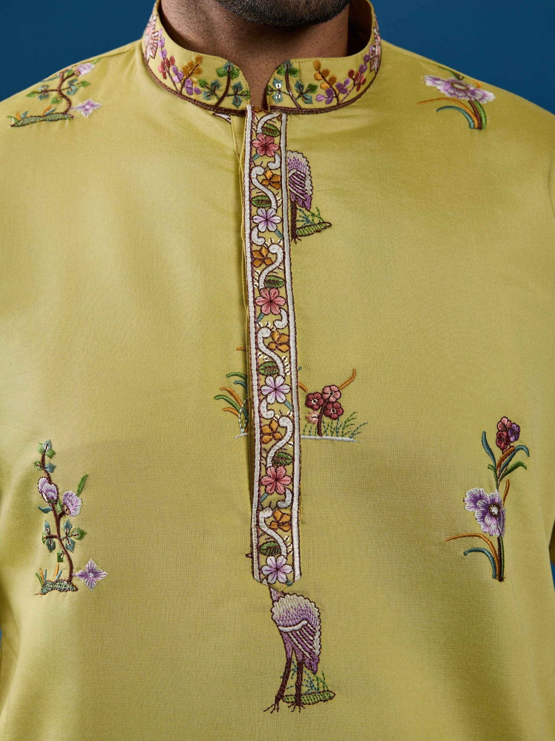 Elevated Yellow Sequins Embroidery Viscose Silk Men Kurta With Pant Set