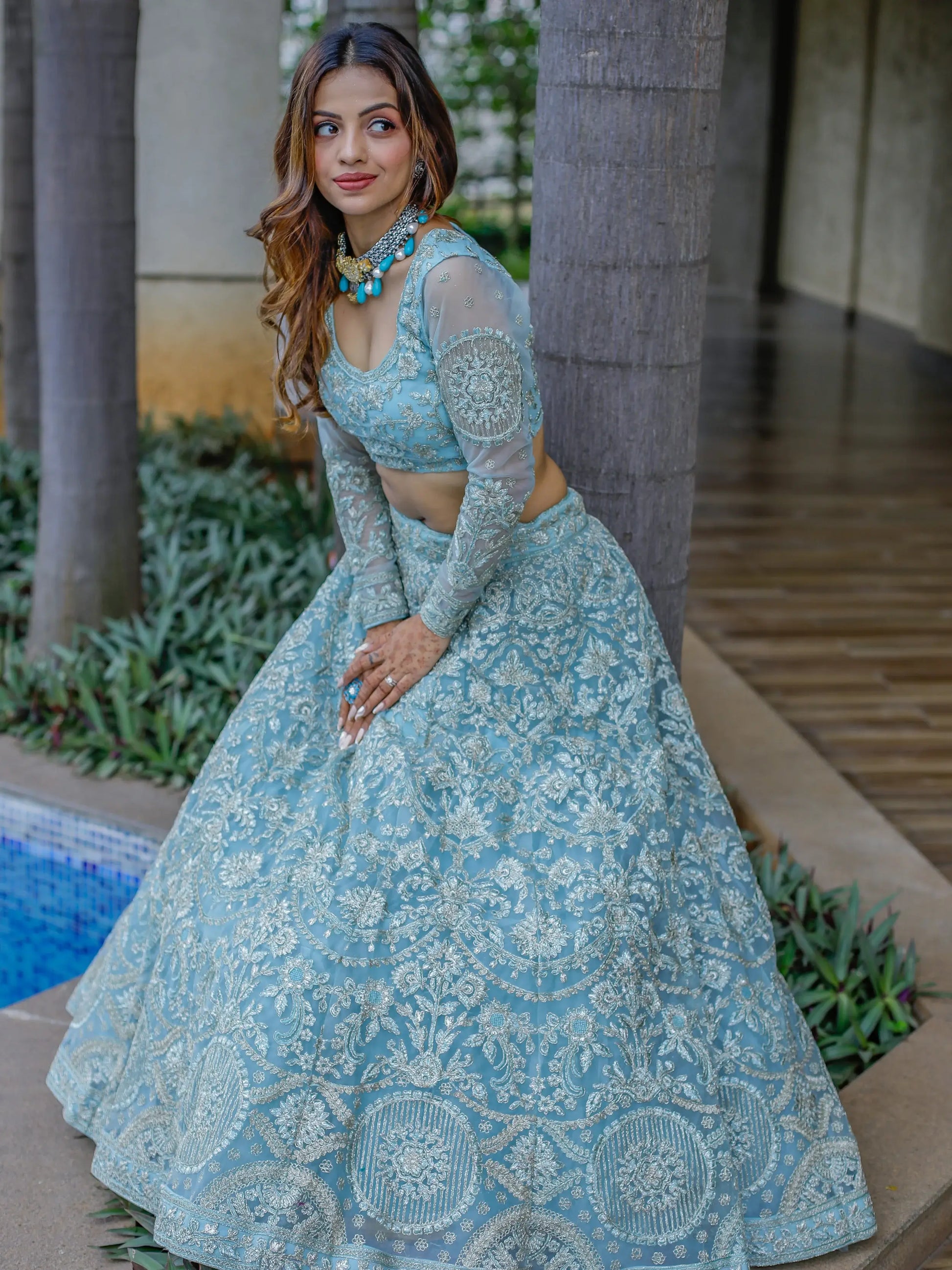 Enchanting Aqua Blue Embroidered Net Bridesmaid Lehenga Choli - Zeel Clothing