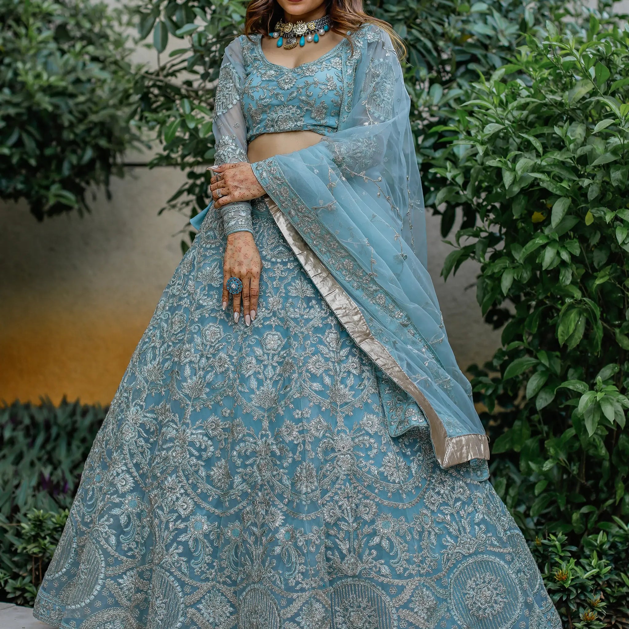 Enchanting Aqua Blue Embroidered Net Bridesmaid Lehenga Choli - Zeel Clothing