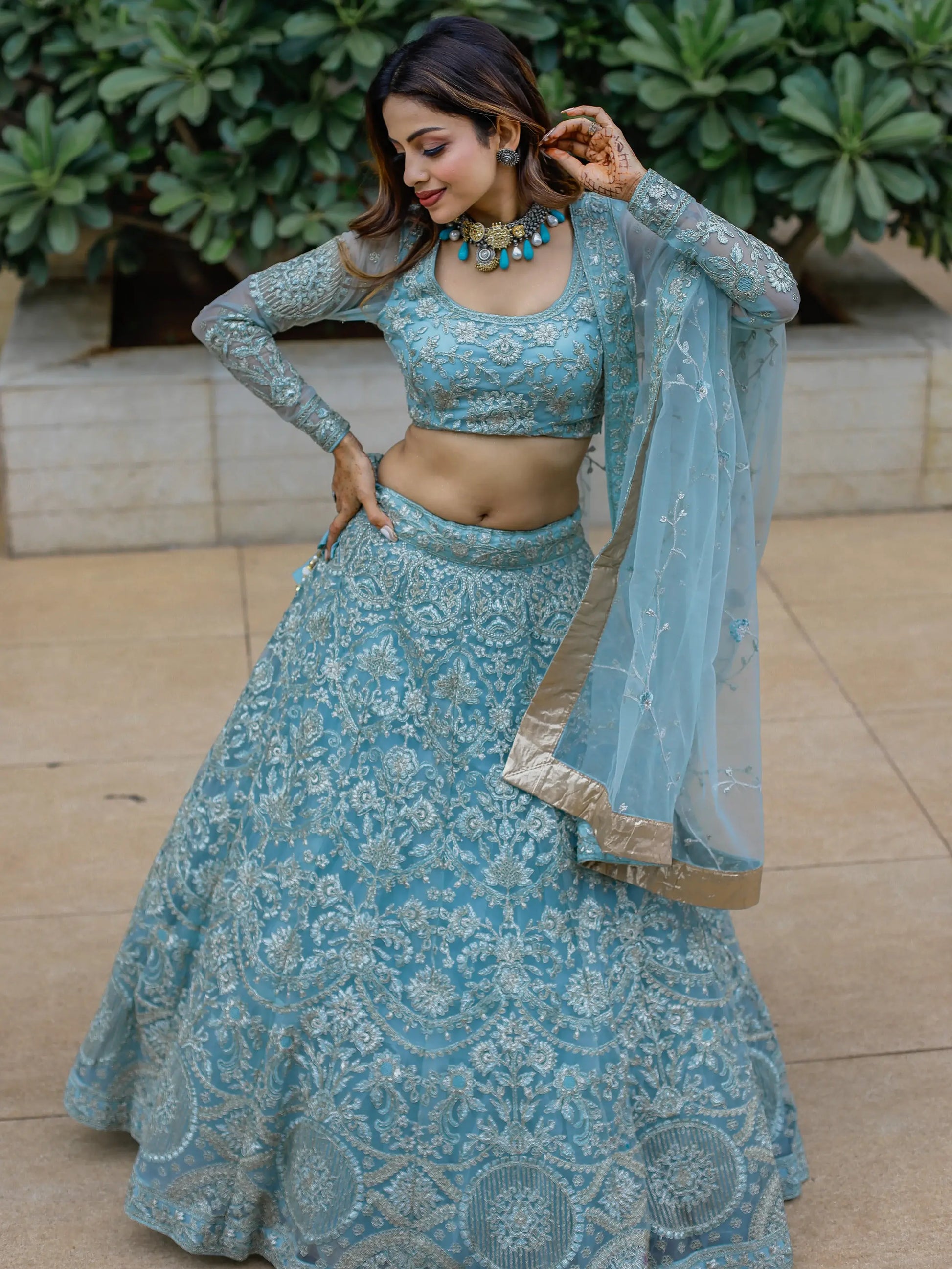 Enchanting Aqua Blue Embroidered Net Bridesmaid Lehenga Choli - Zeel Clothing