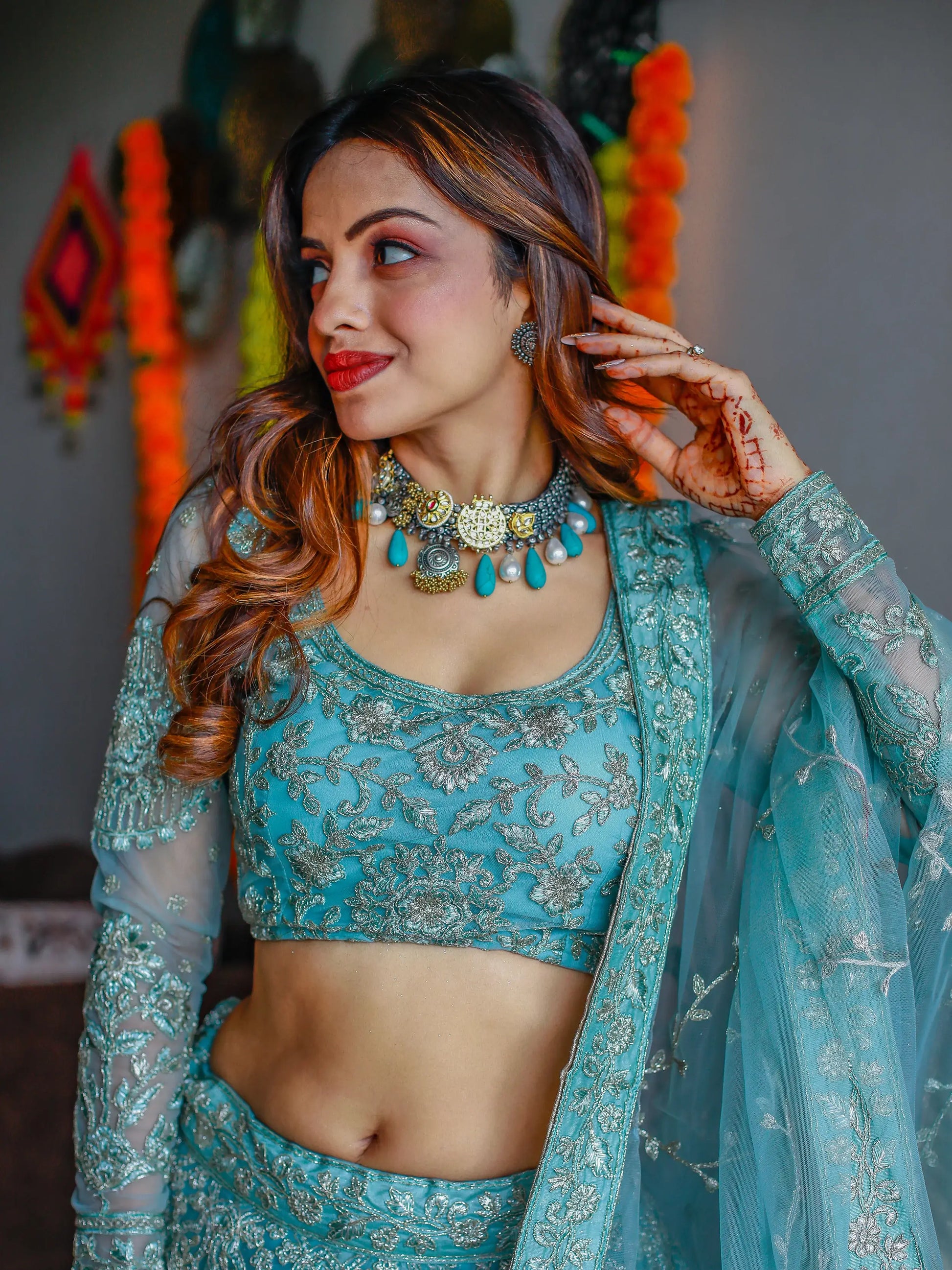 Enchanting Aqua Blue Embroidered Net Bridesmaid Lehenga Choli - Zeel Clothing