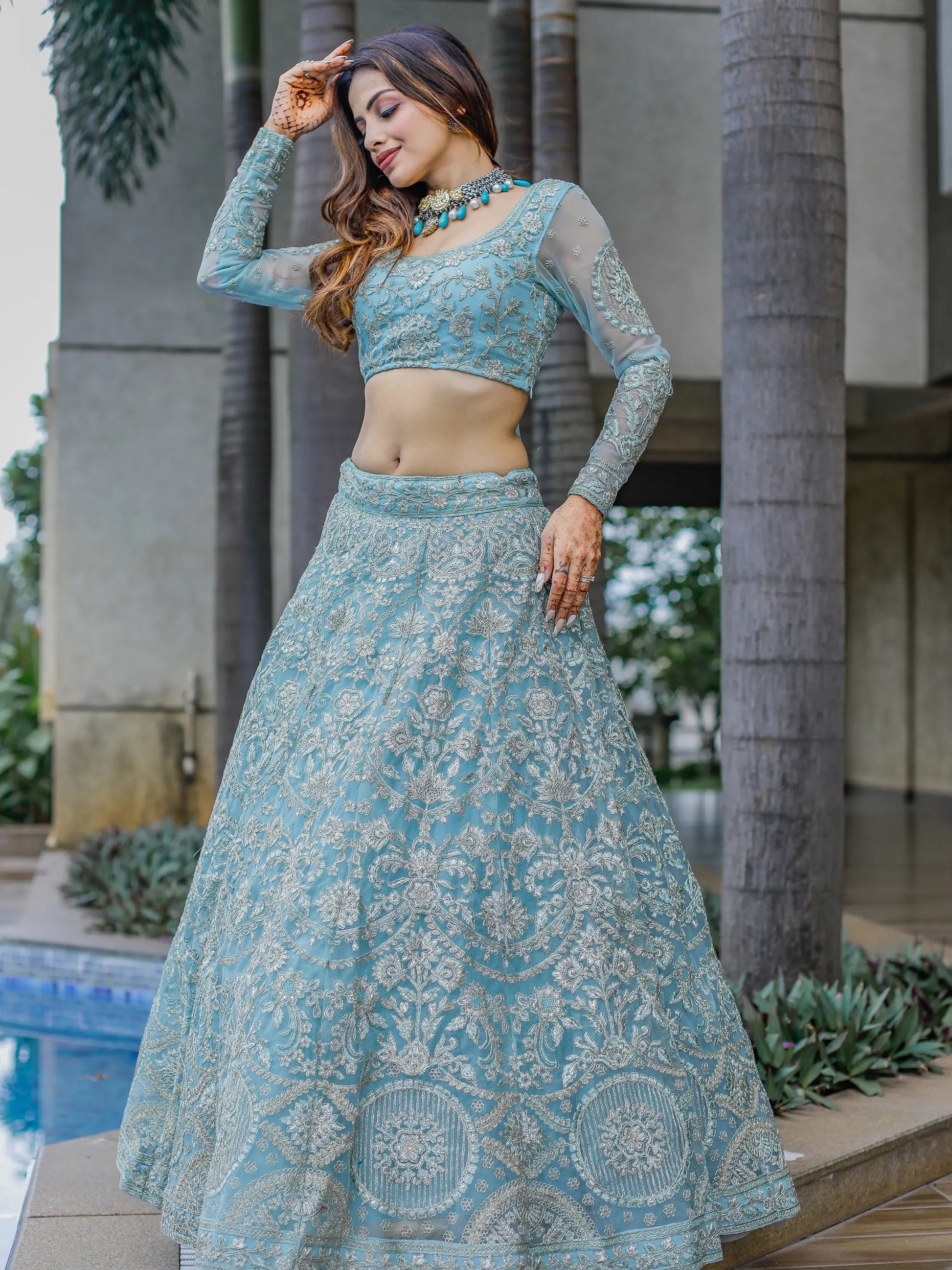 Enchanting Aqua Blue Embroidered Net Bridesmaid Lehenga Choli - Zeel Clothing