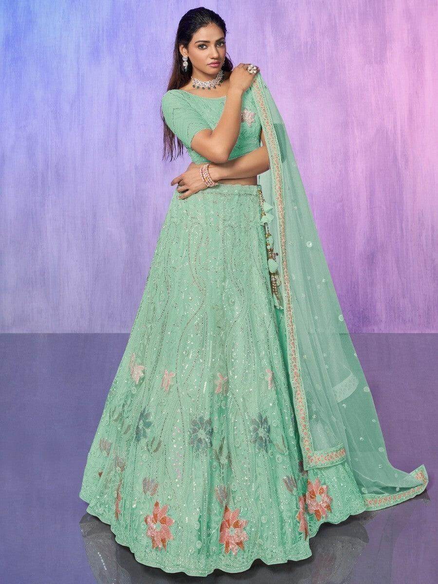 Enchanting Aqua Green Sequins Net Lehenga Choli With Dupatta - Zeel Clothing