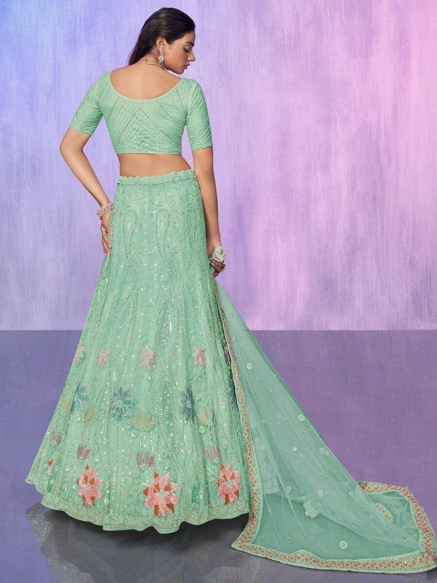 Enchanting Aqua Green Sequins Net Lehenga Choli With Dupatta - Zeel Clothing