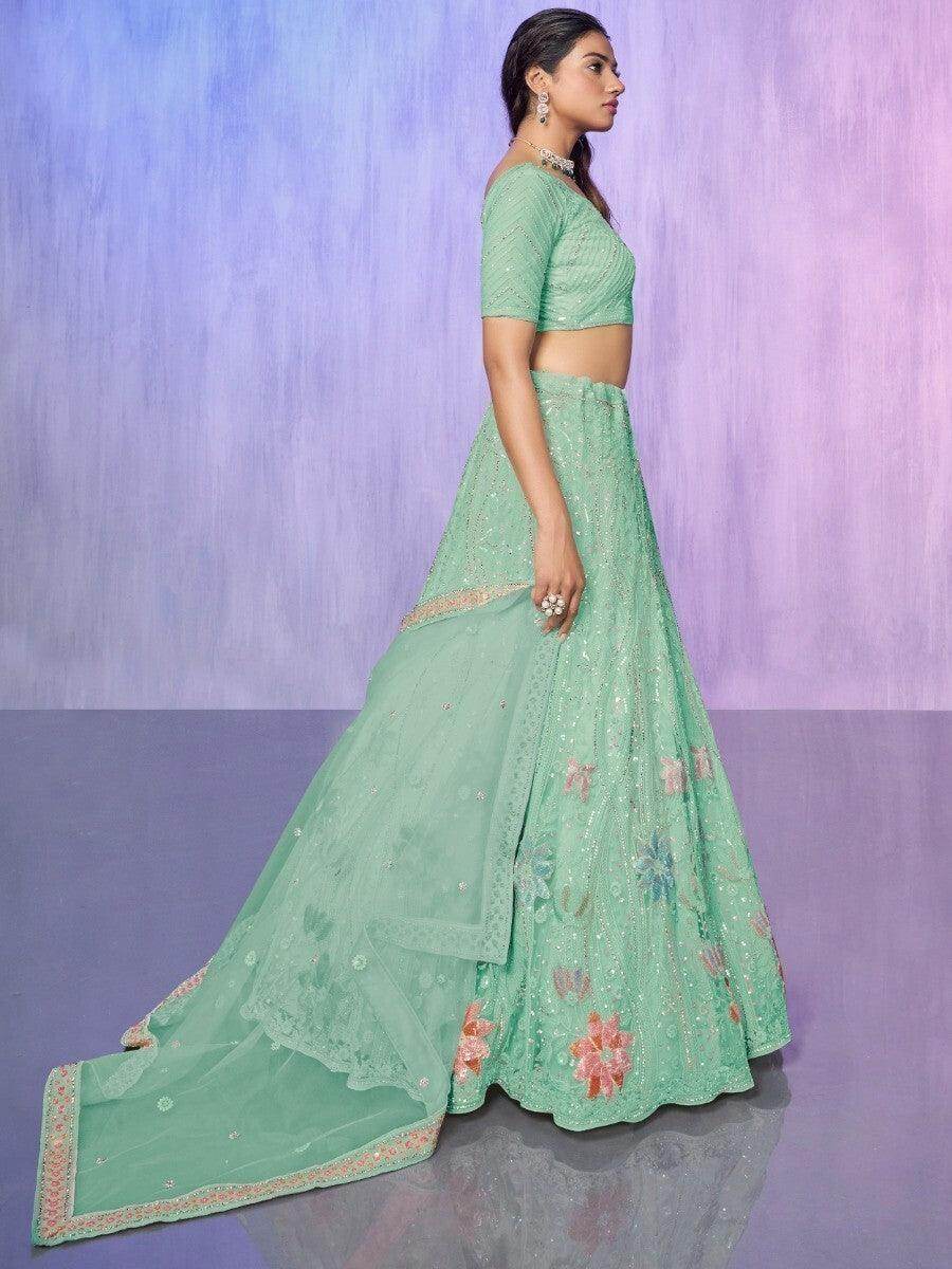 Enchanting Aqua Green Sequins Net Lehenga Choli With Dupatta - Zeel Clothing