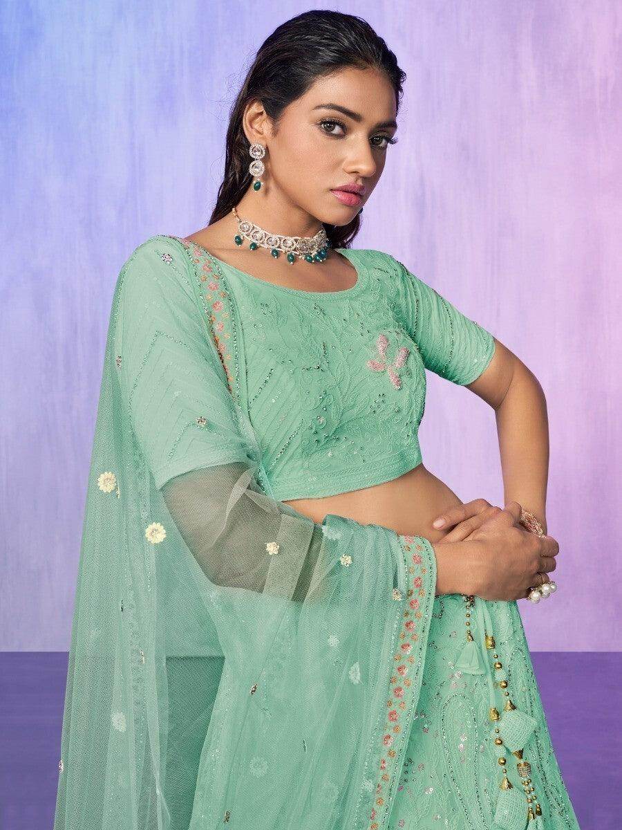 Enchanting Aqua Green Sequins Net Lehenga Choli With Dupatta - Zeel Clothing
