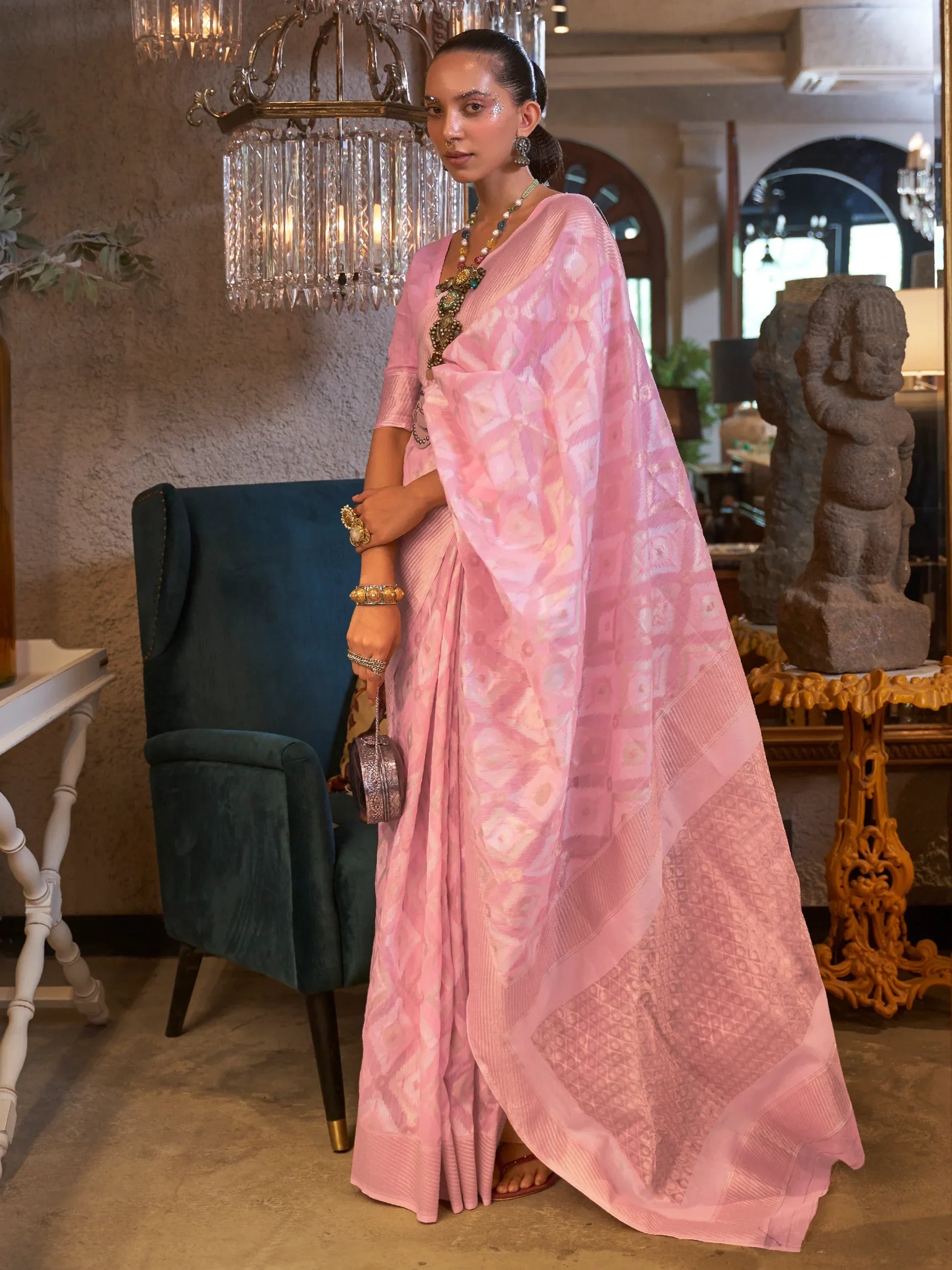 Enchanting Baby Pink Zari Weaving Linen Event Wear Saree With Blouse - Zeel Clothing