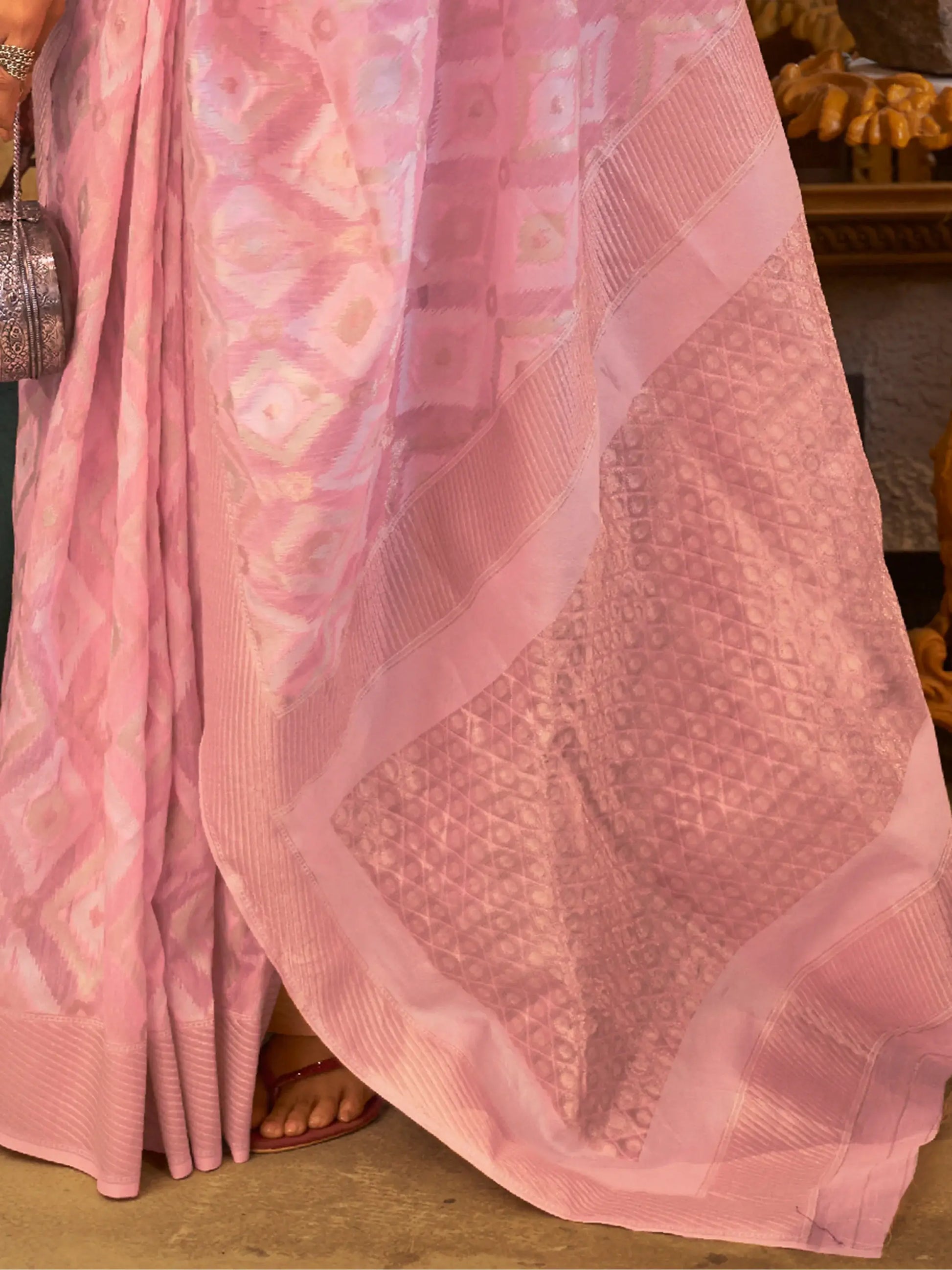 Enchanting Baby Pink Zari Weaving Linen Event Wear Saree With Blouse - Zeel Clothing