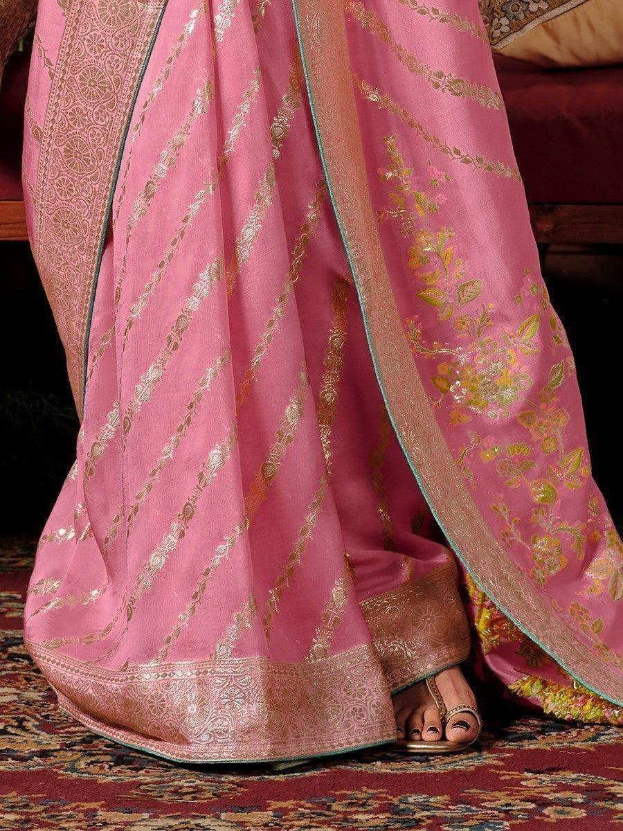 Enchanting Baby Pink Zari Weaving Silk Wedding Wear Saree With Blouse - Zeel Clothing