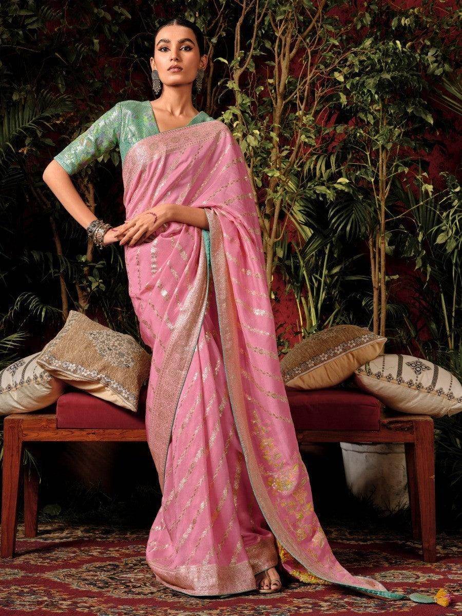 Enchanting Baby Pink Zari Weaving Silk Wedding Wear Saree With Blouse - Zeel Clothing