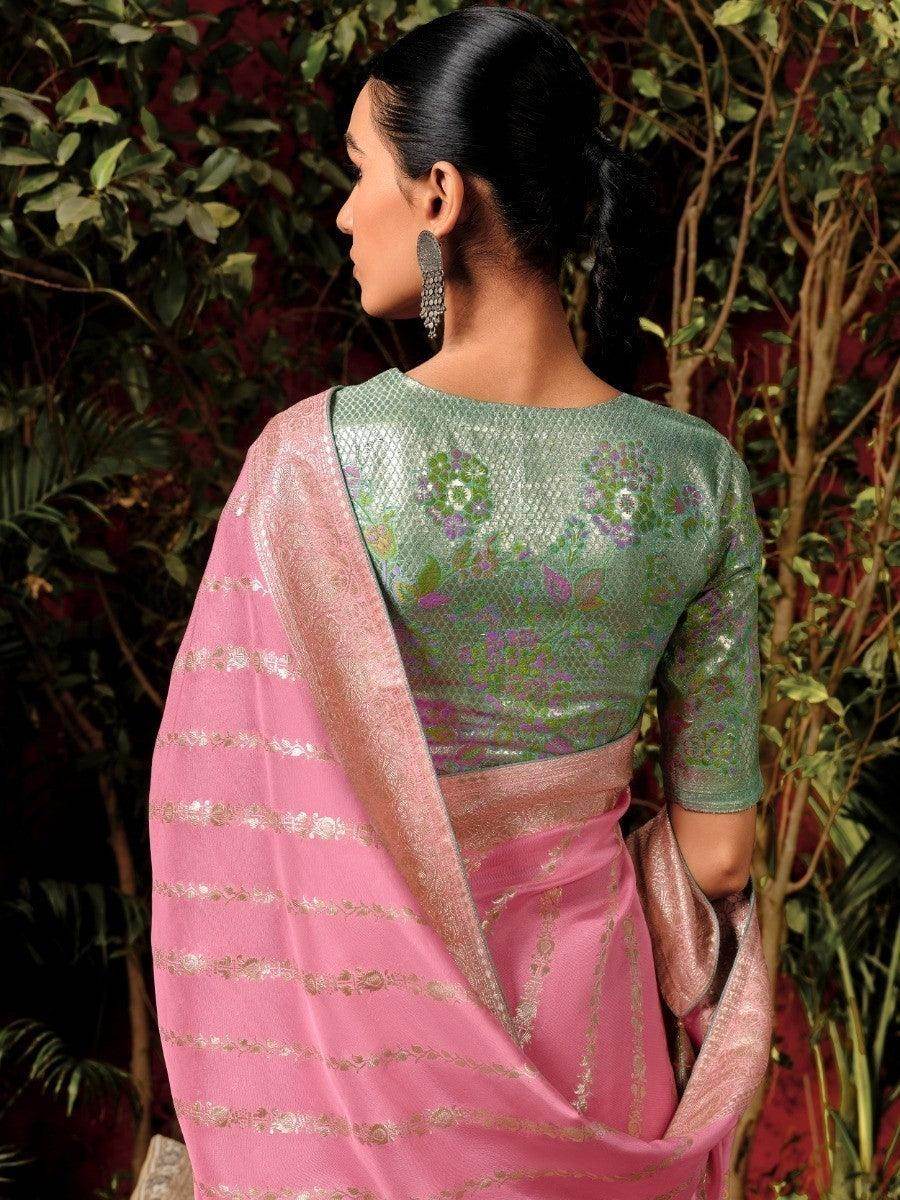 Enchanting Baby Pink Zari Weaving Silk Wedding Wear Saree With Blouse - Zeel Clothing