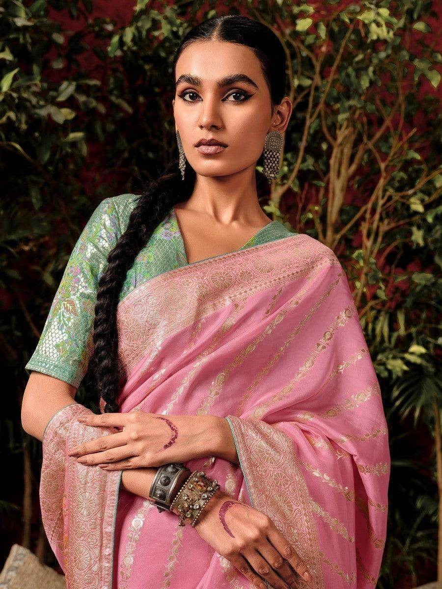 Enchanting Baby Pink Zari Weaving Silk Wedding Wear Saree With Blouse - Zeel Clothing