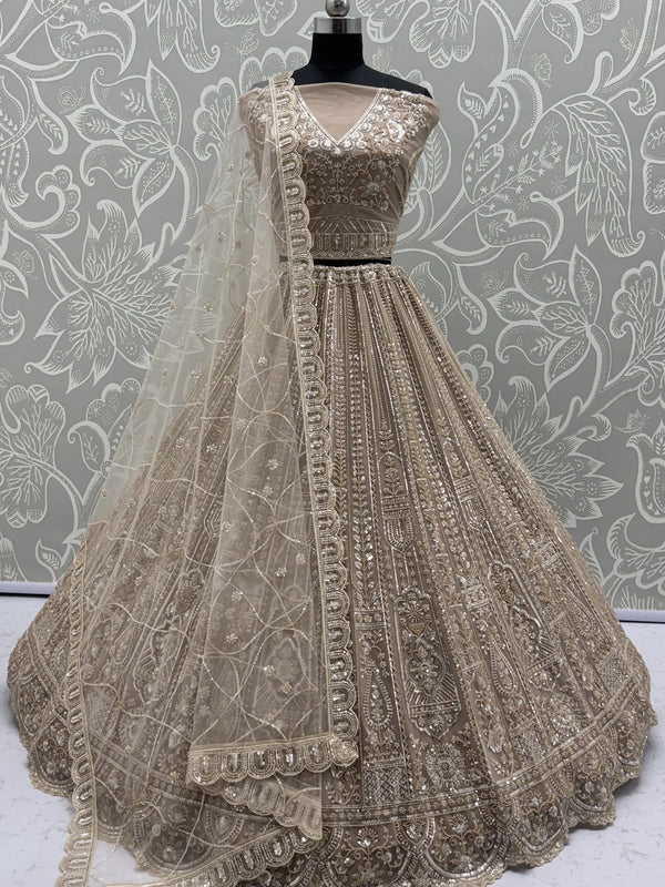 Enchanting Beige Embroidered Net Wedding Wear Lehenga Choli With Dupatta