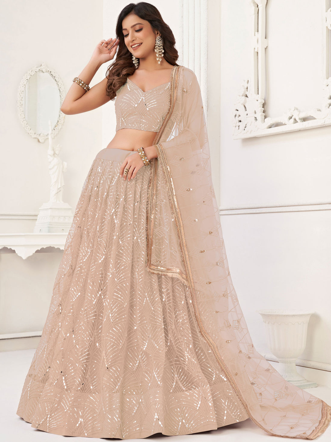 Enchanting Beige Thread Work Net Festivals Wear Lehenga With Dupatta