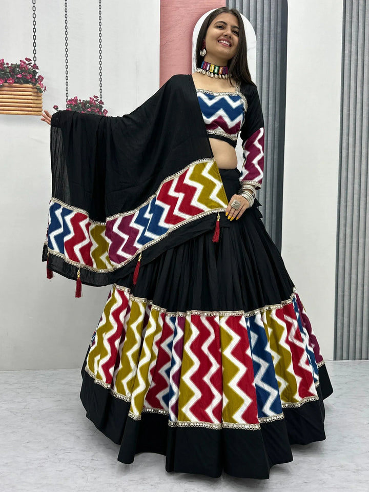 Enchanting Black Cotton Lace Work Navratri Wear Lehenga Choli With Dupatta