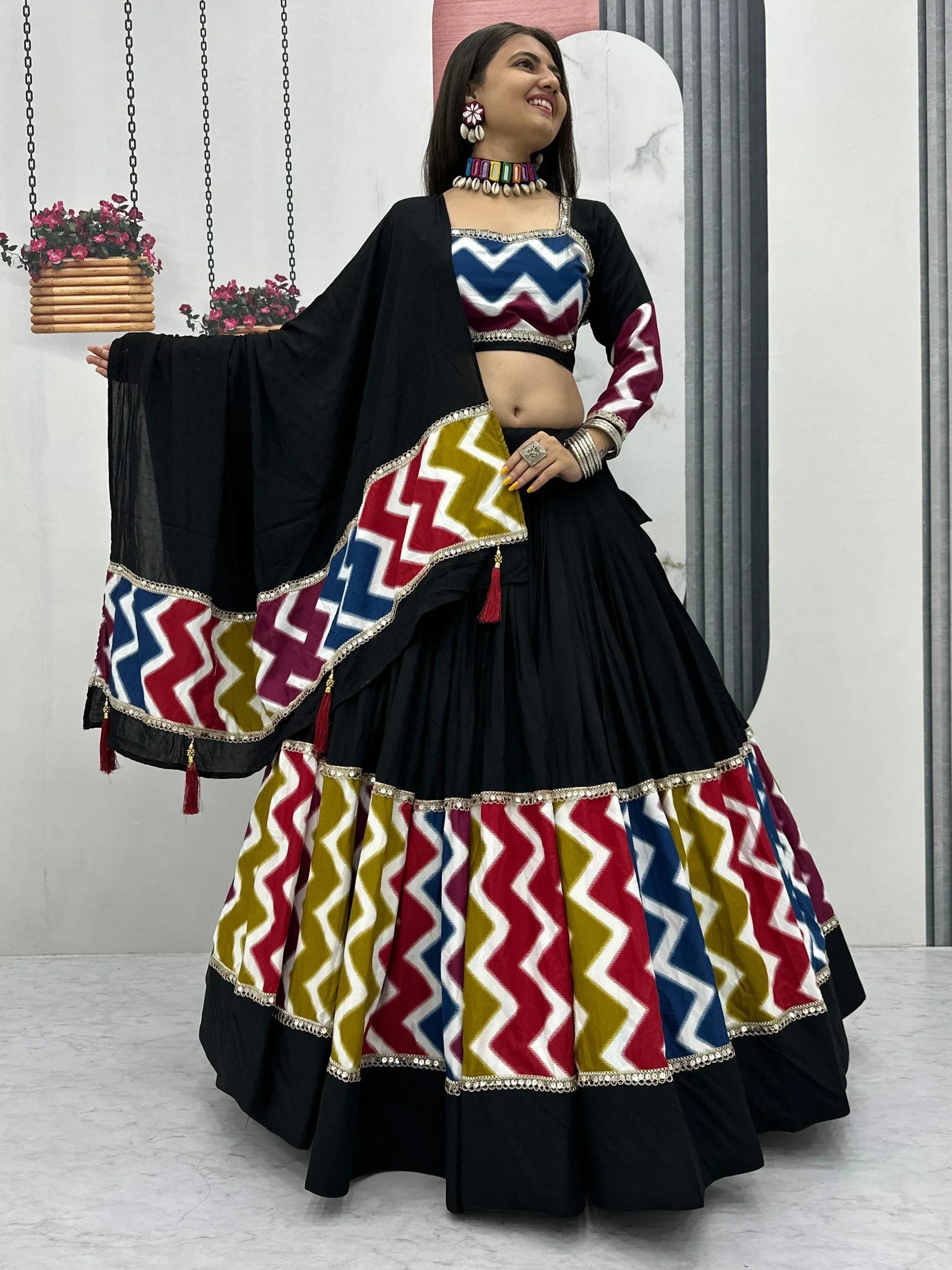 Enchanting Black Cotton Lace Work Navratri Wear Lehenga Choli With Dupatta