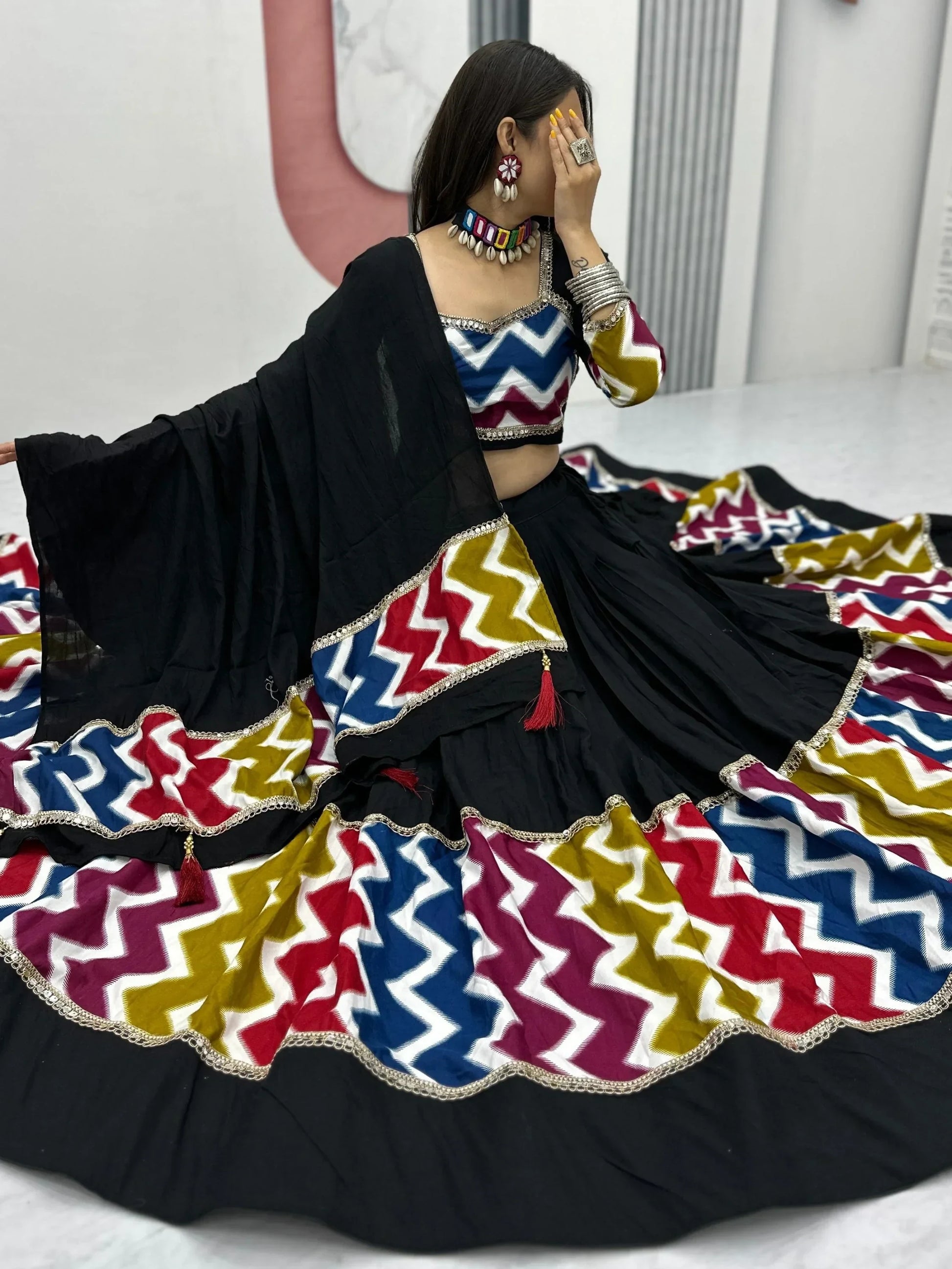 Enchanting Black Cotton Lace Work Navratri Wear Lehenga Choli With Dupatta