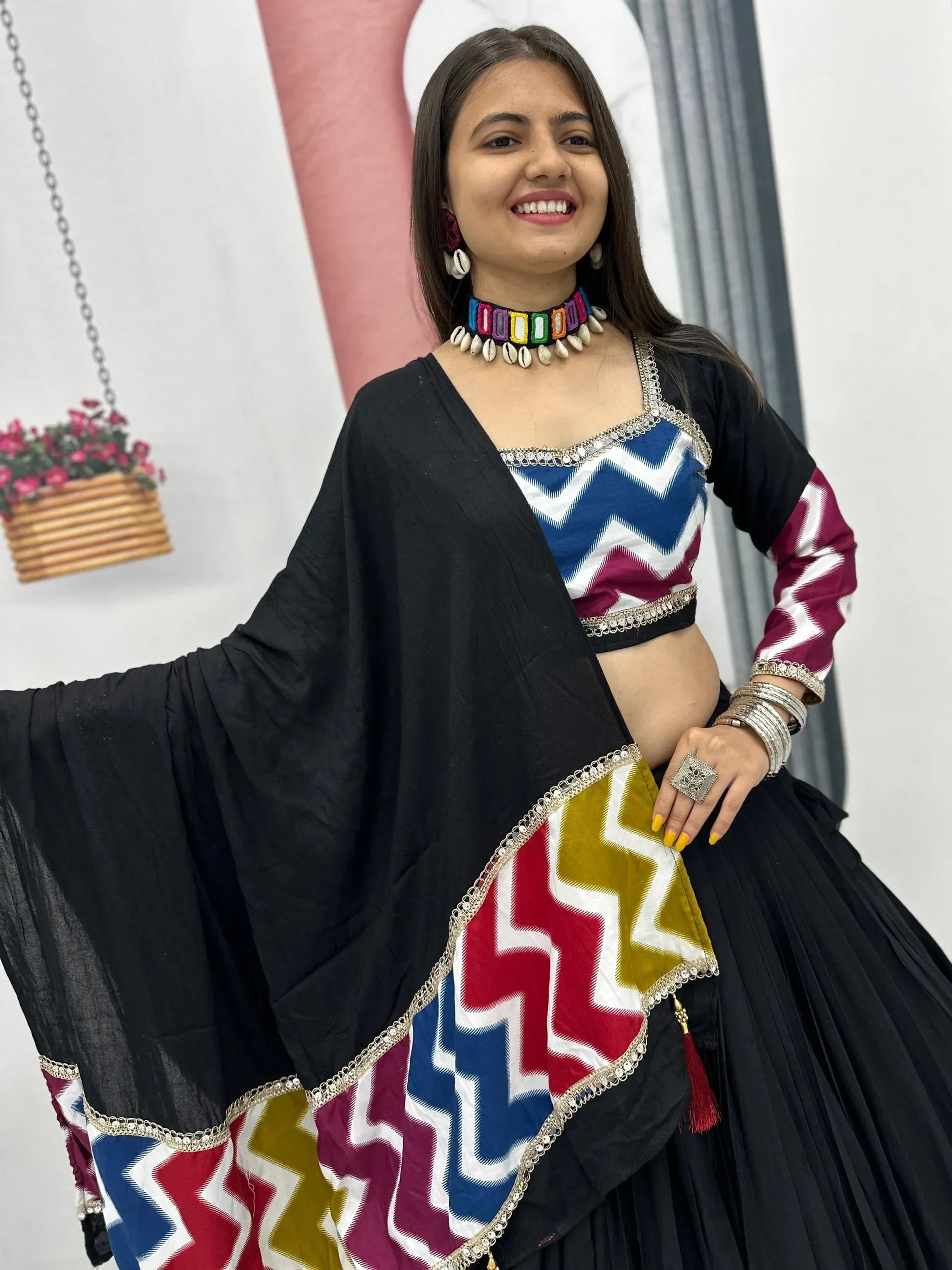 Enchanting Black Cotton Lace Work Navratri Wear Lehenga Choli With Dupatta
