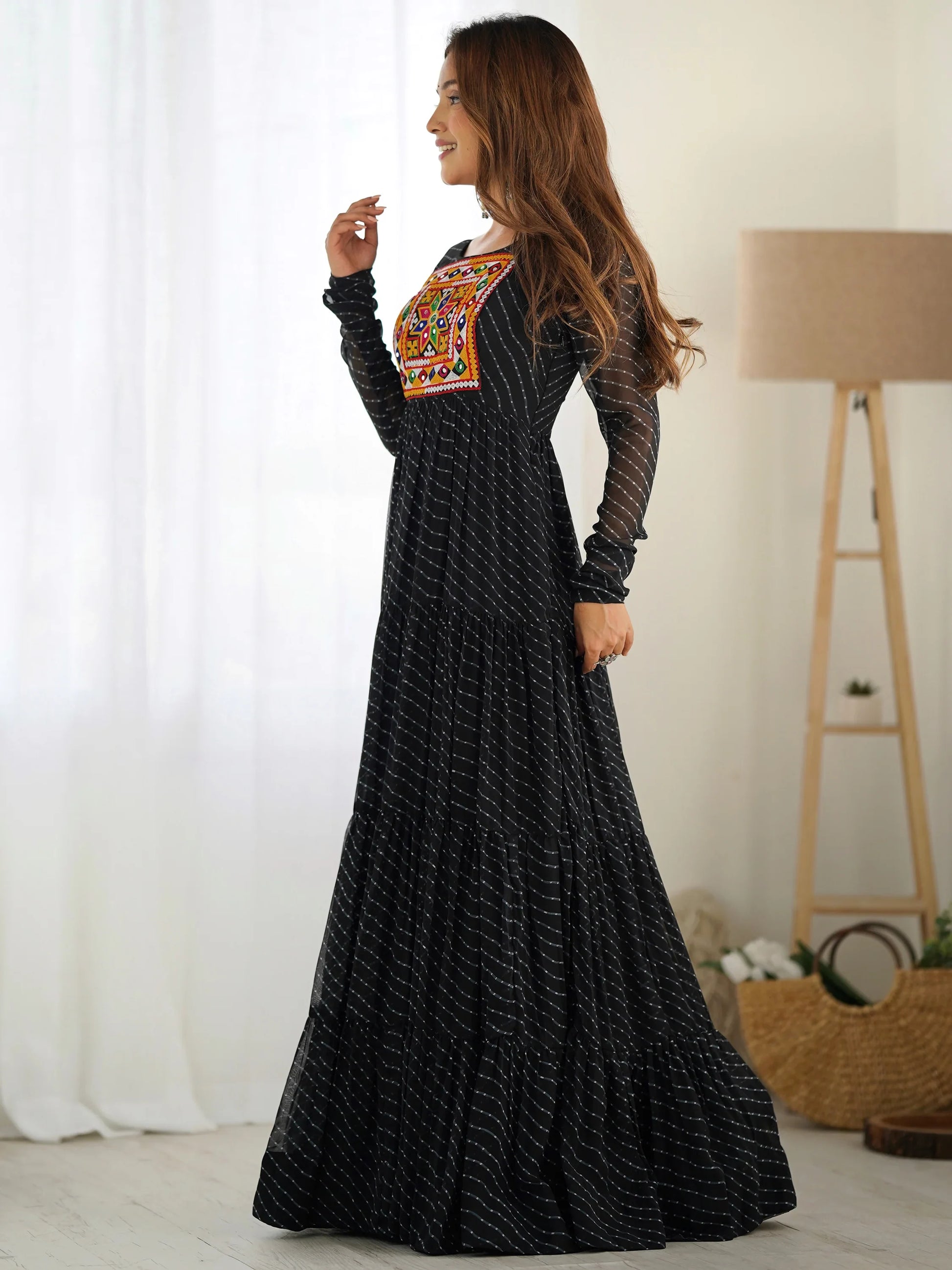 Enchanting Black Laheriya Printed Georgette Navratri Wear Gown - Zeel Clothing
