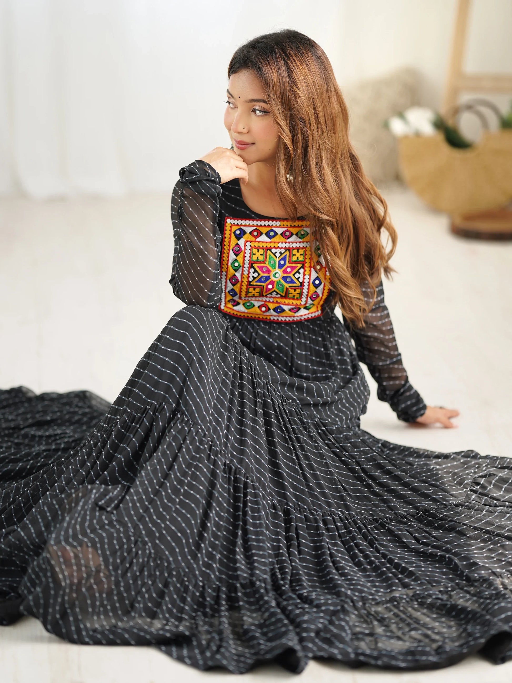 Enchanting Black Laheriya Printed Georgette Navratri Wear Gown - Zeel Clothing