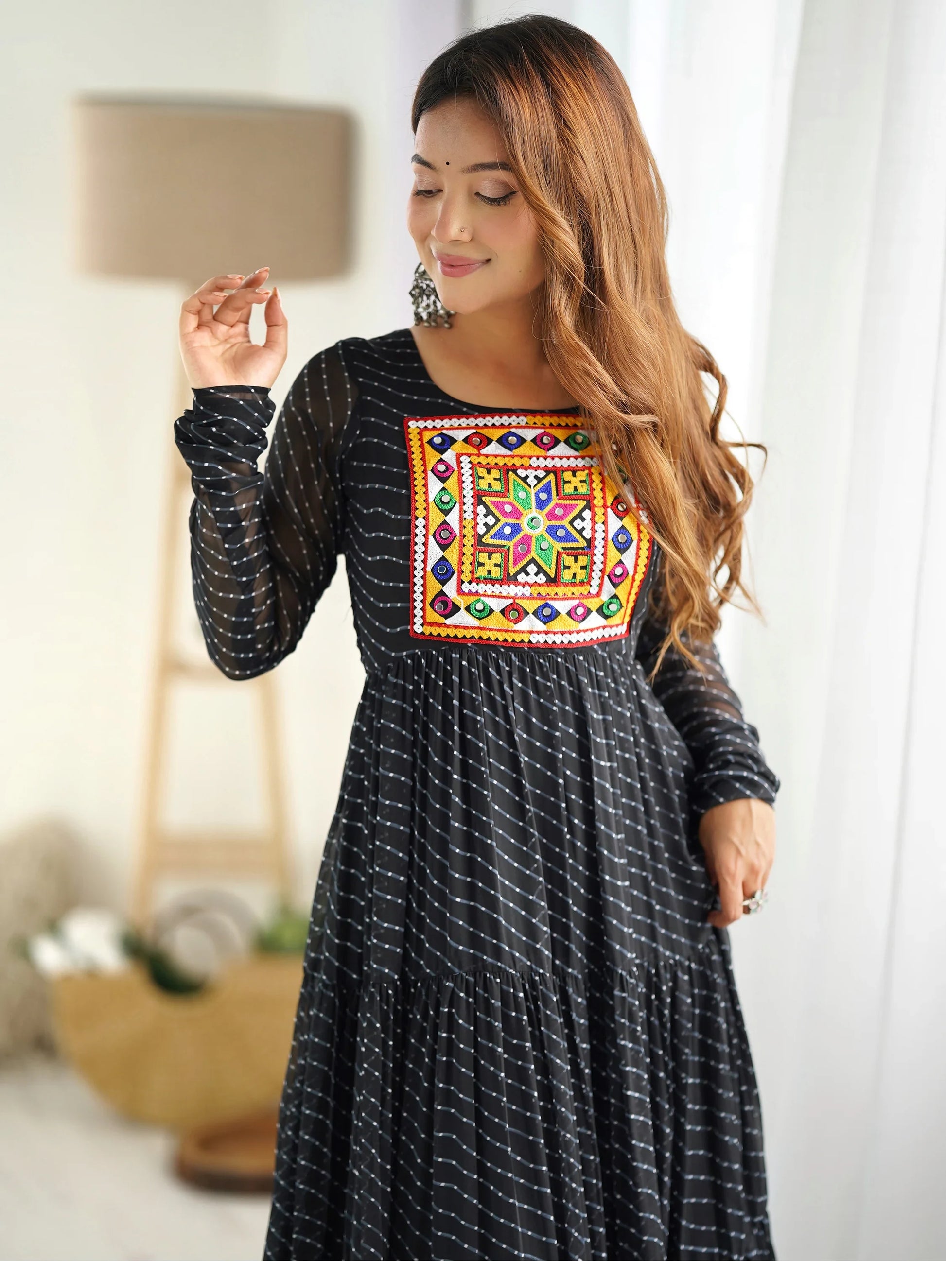 Enchanting Black Laheriya Printed Georgette Navratri Wear Gown - Zeel Clothing