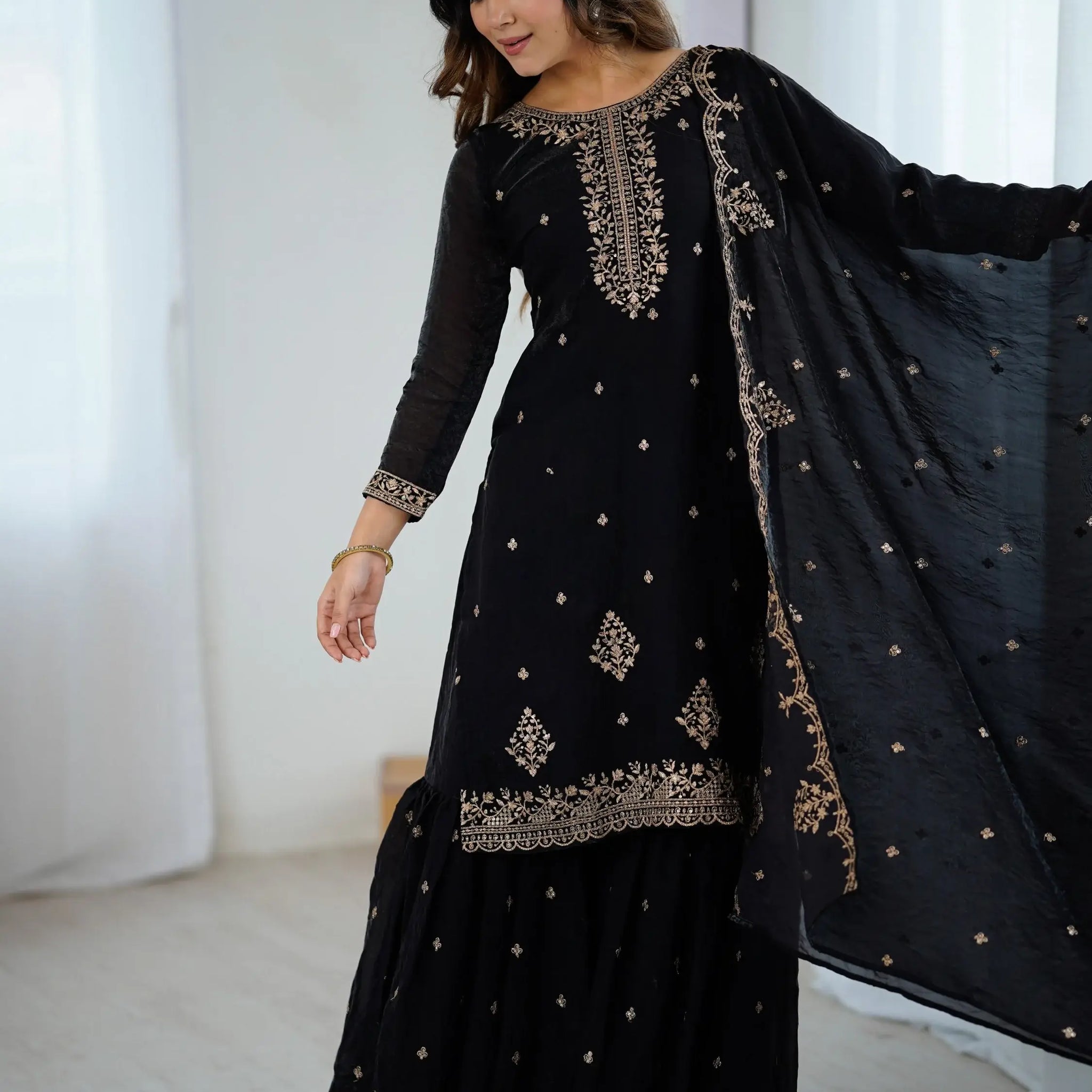 Enchanting Black Zari Embroidered Silk Evening Wear Sharara Suit With Dupatta - Zeel Clothing