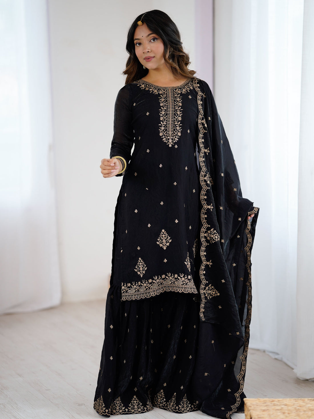 Enchanting Black Zari Embroidered Silk Evening Wear Sharara Suit With Dupatta - Zeel Clothing