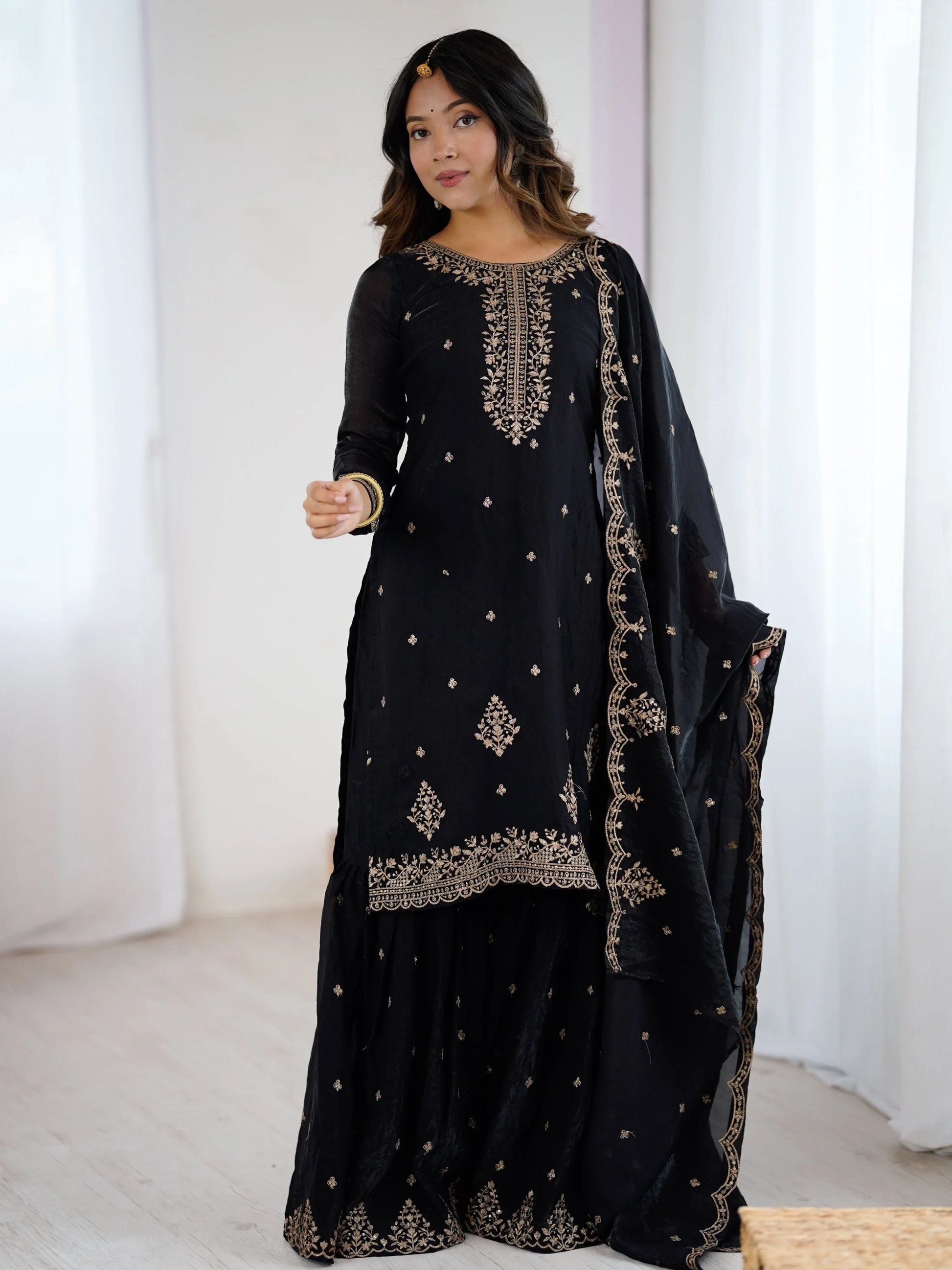 Enchanting Black Zari Embroidered Silk Evening Wear Sharara Suit With Dupatta - Zeel Clothing