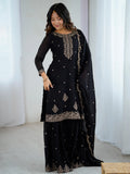 Enchanting Black Zari Embroidered Silk Evening Wear Sharara Suit With Dupatta - Zeel Clothing