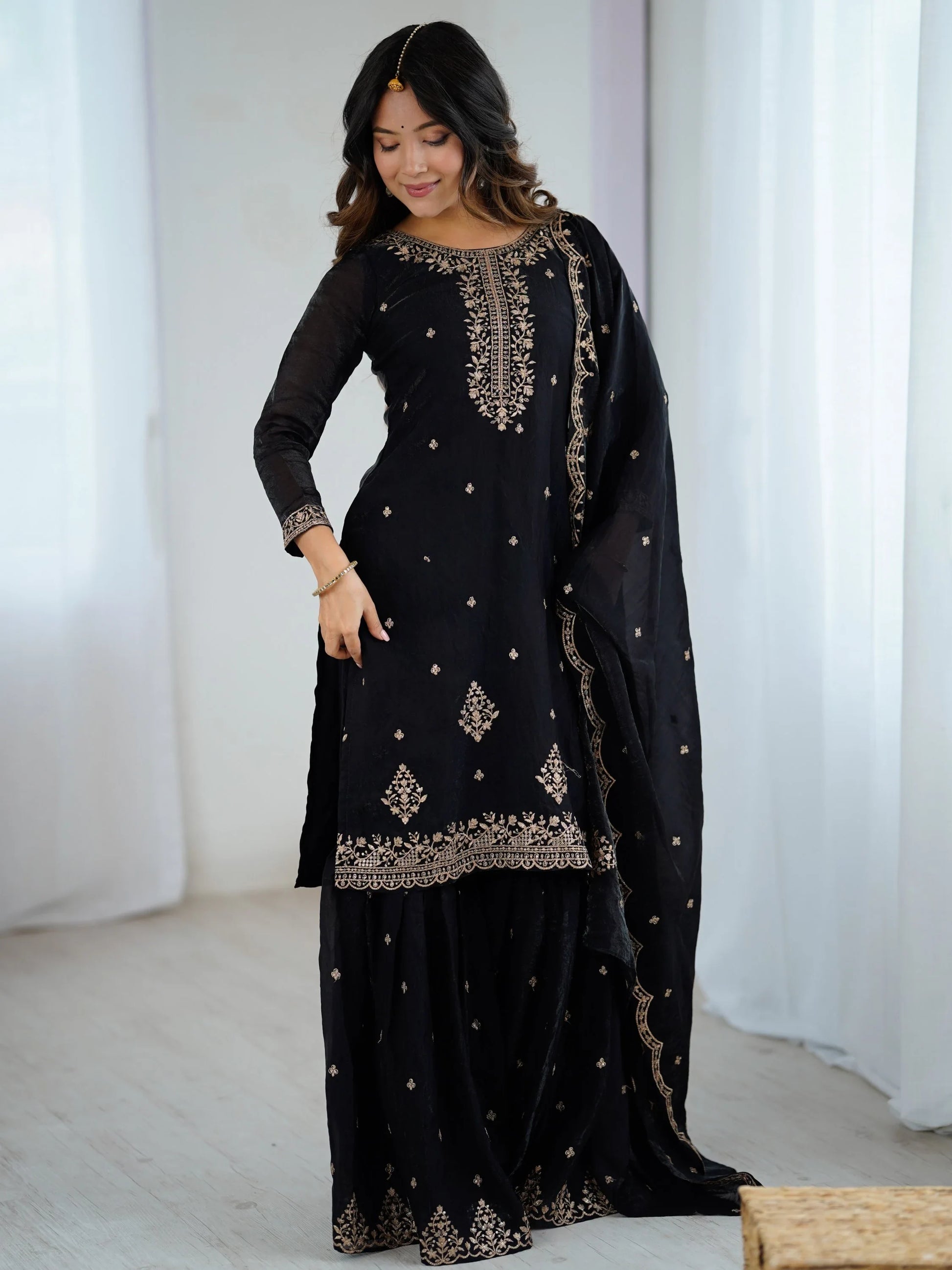 Enchanting Black Zari Embroidered Silk Evening Wear Sharara Suit With Dupatta - Zeel Clothing