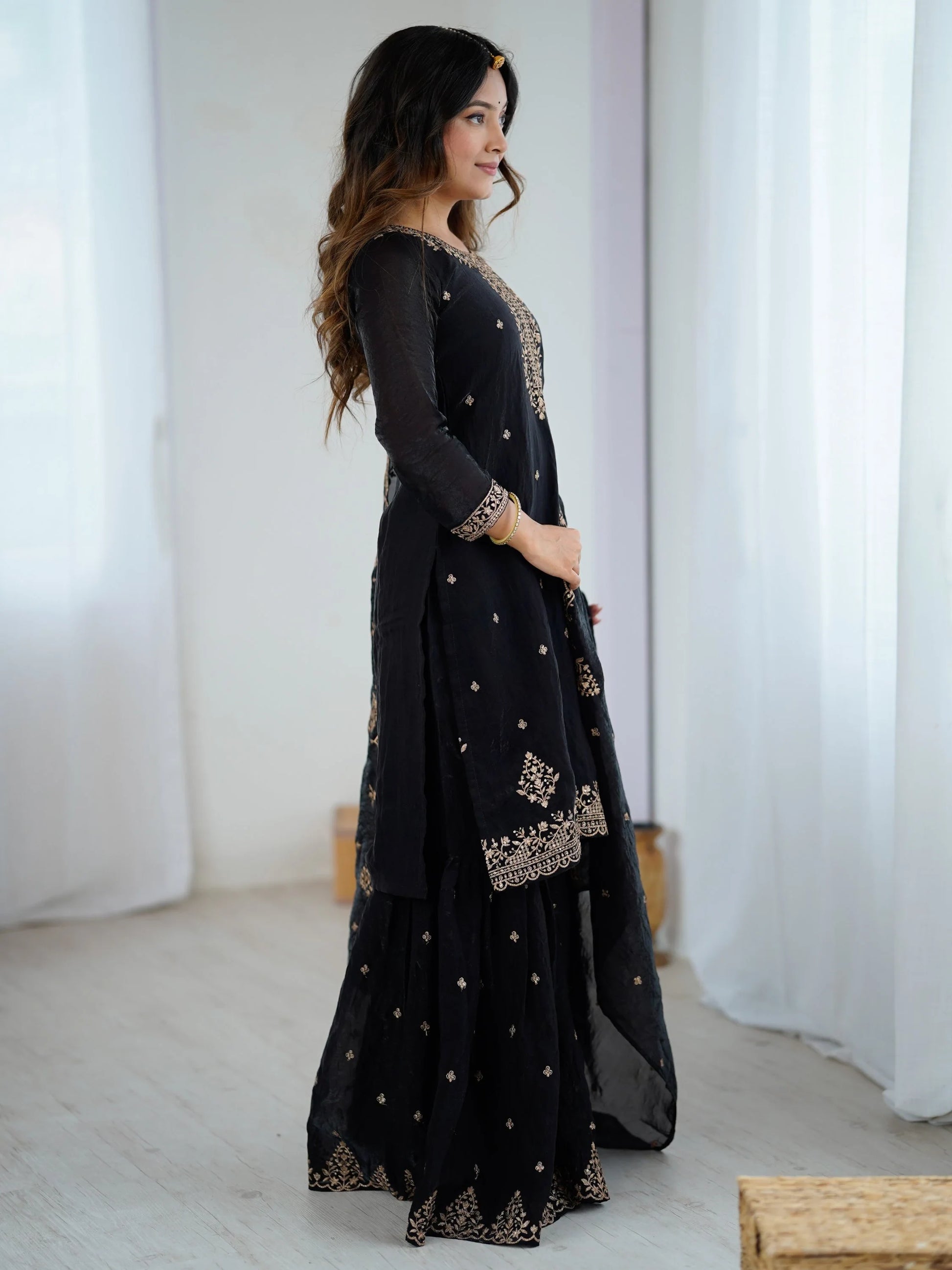 Enchanting Black Zari Embroidered Silk Evening Wear Sharara Suit With Dupatta - Zeel Clothing