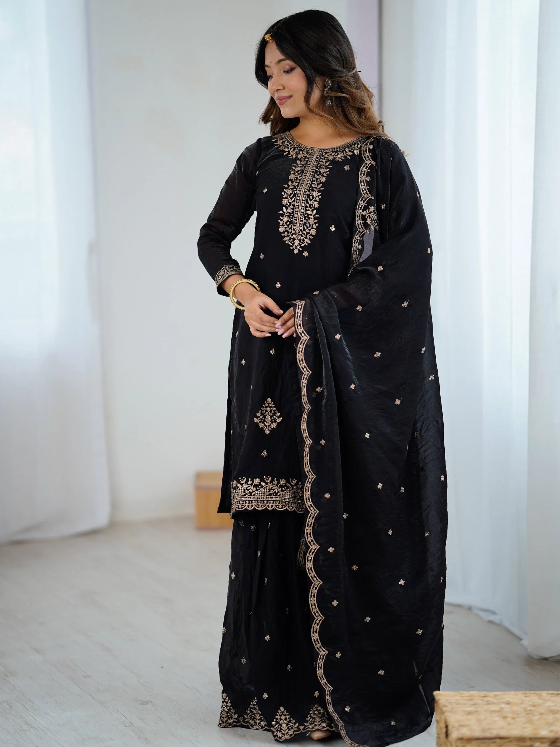 Enchanting Black Zari Embroidered Silk Evening Wear Sharara Suit With Dupatta - Zeel Clothing