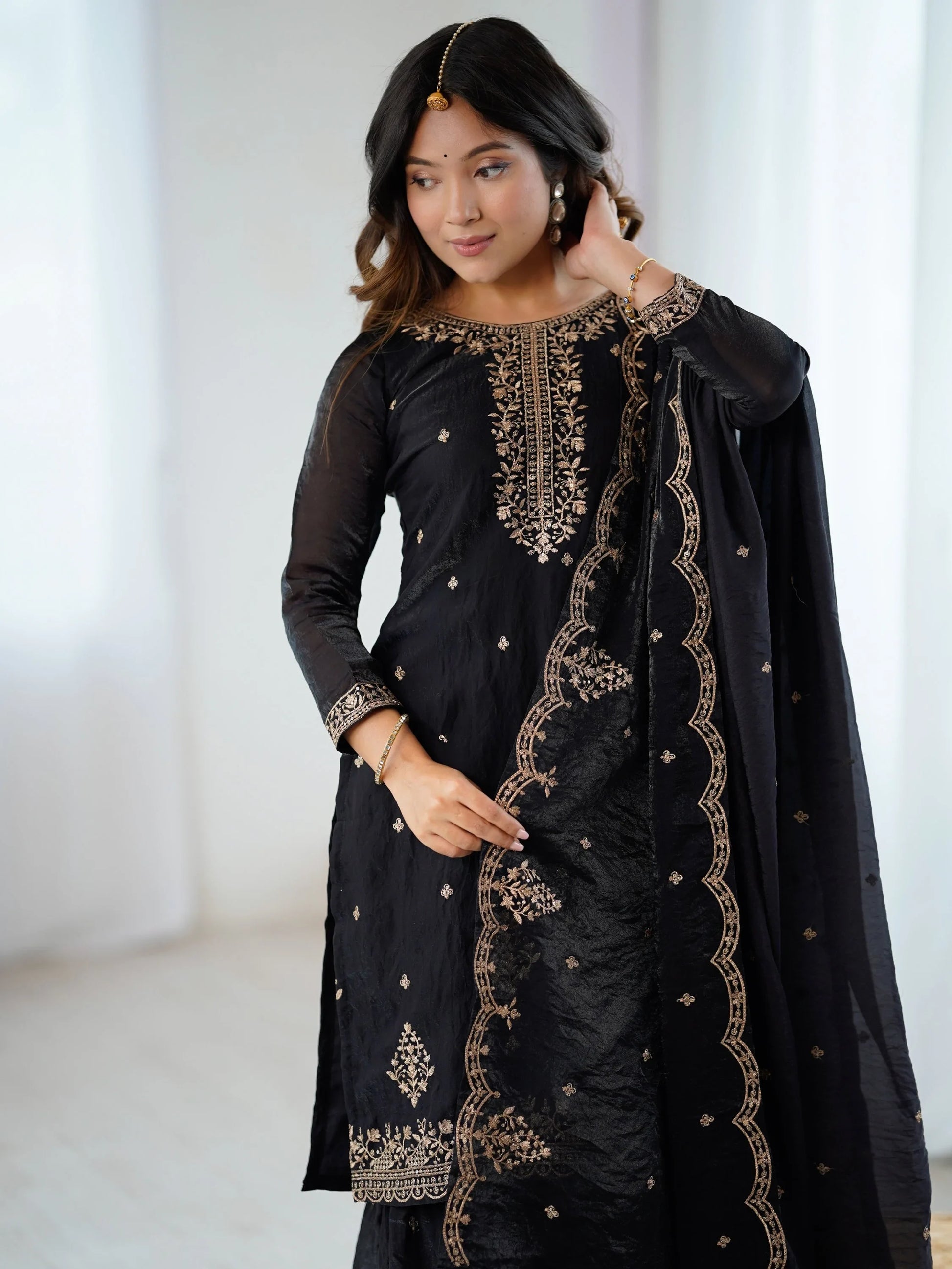 Enchanting Black Zari Embroidered Silk Evening Wear Sharara Suit With Dupatta - Zeel Clothing