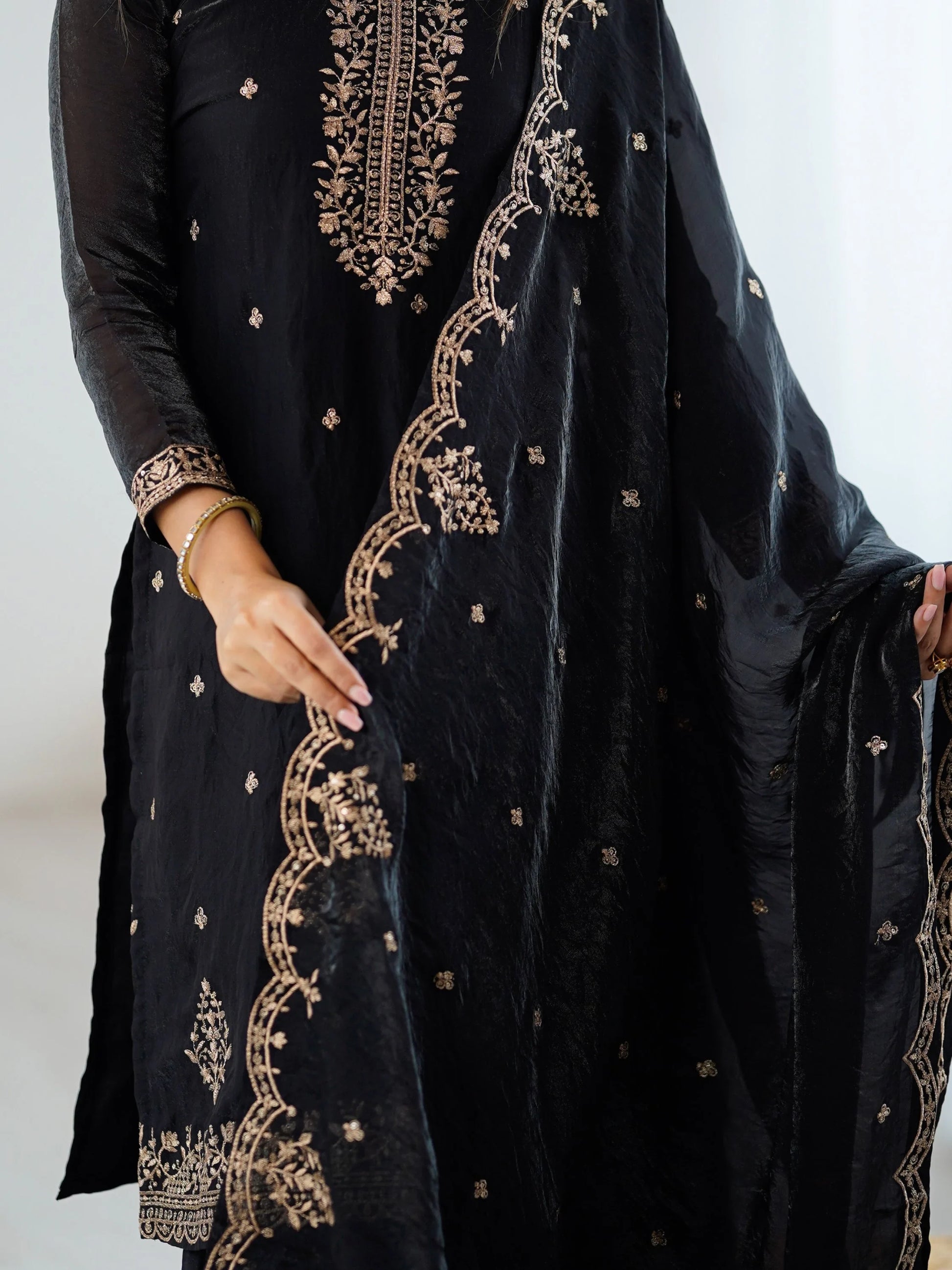 Enchanting Black Zari Embroidered Silk Evening Wear Sharara Suit With Dupatta - Zeel Clothing