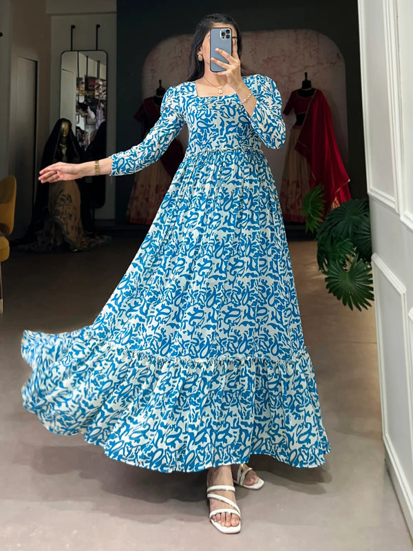 Enchanting Blue Digital Printed Georgette Festival Wear Gown - Zeel Clothing