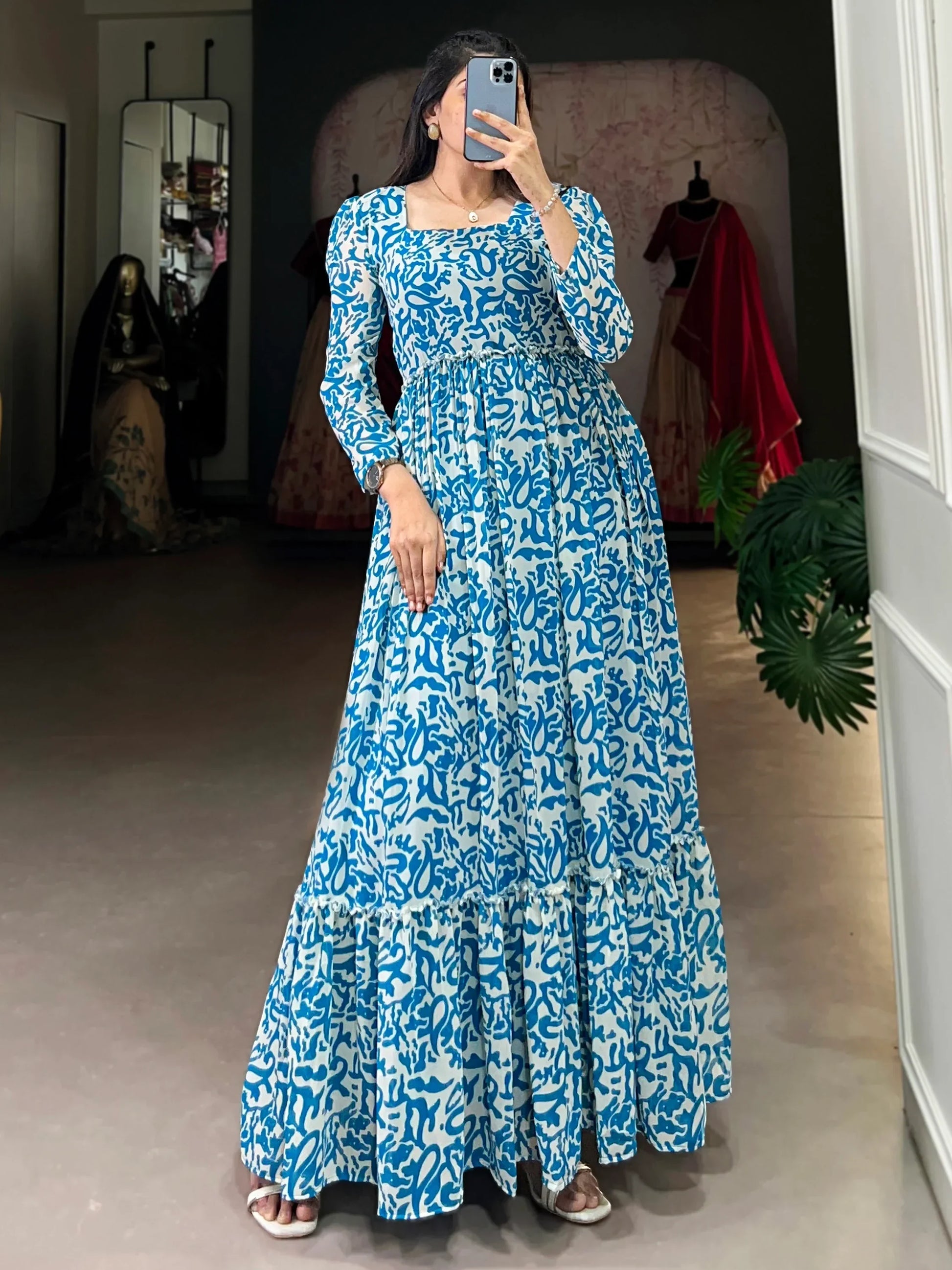 Enchanting Blue Digital Printed Georgette Festival Wear Gown - Zeel Clothing