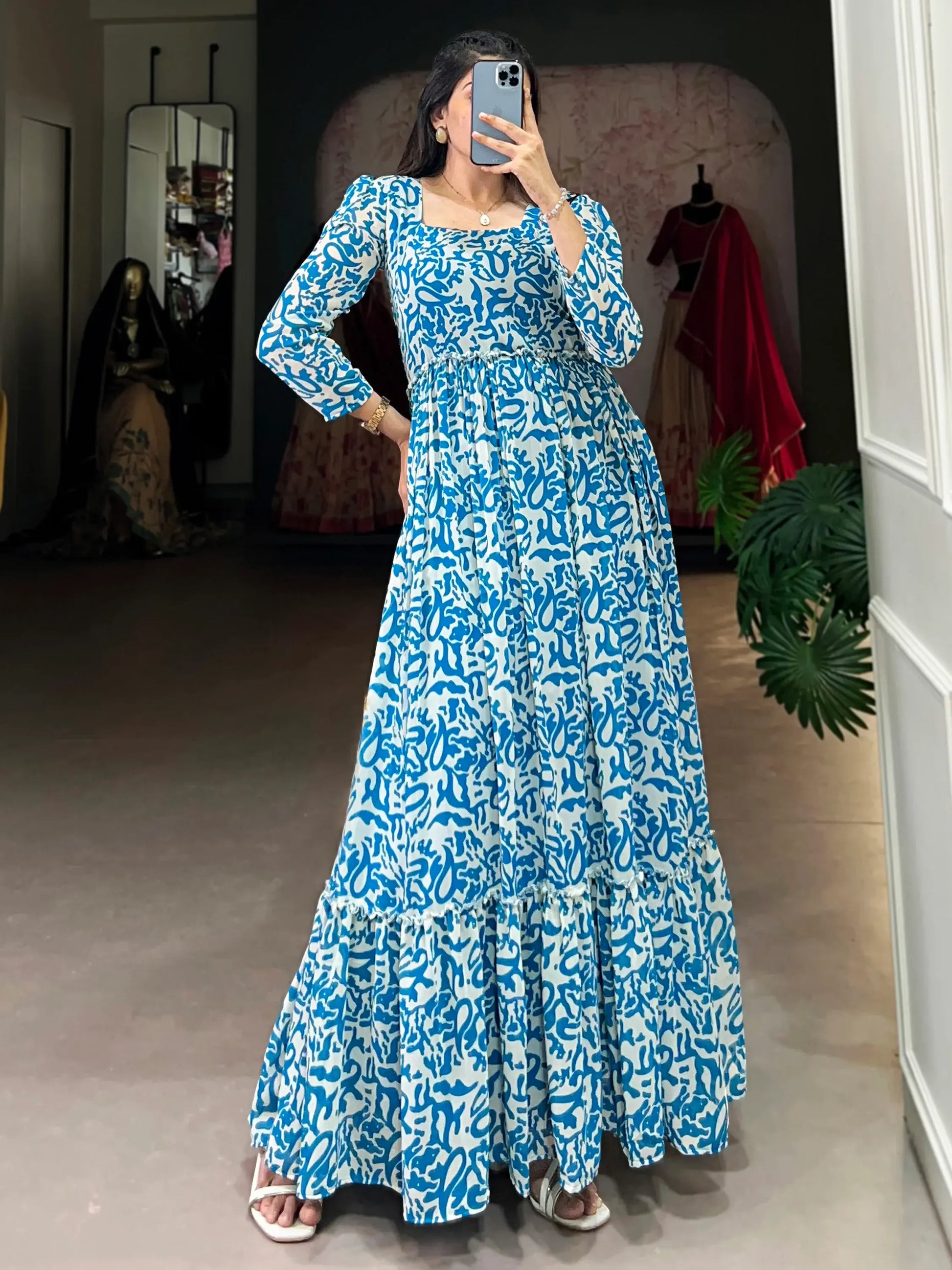 Enchanting Blue Digital Printed Georgette Festival Wear Gown - Zeel Clothing