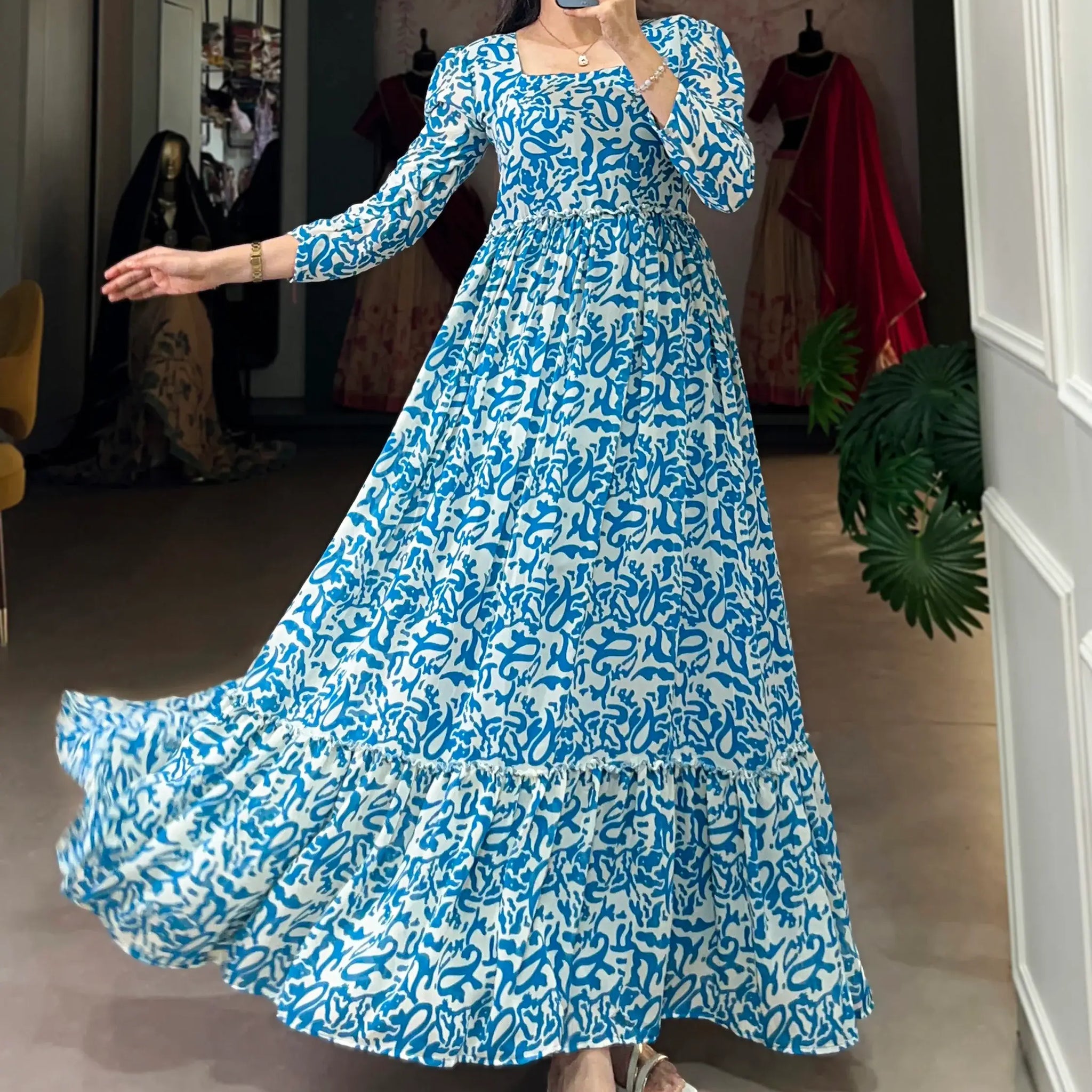 Enchanting Blue Digital Printed Georgette Festival Wear Gown - Zeel Clothing