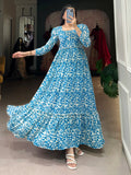 Enchanting Blue Digital Printed Georgette Festival Wear Gown - Zeel Clothing