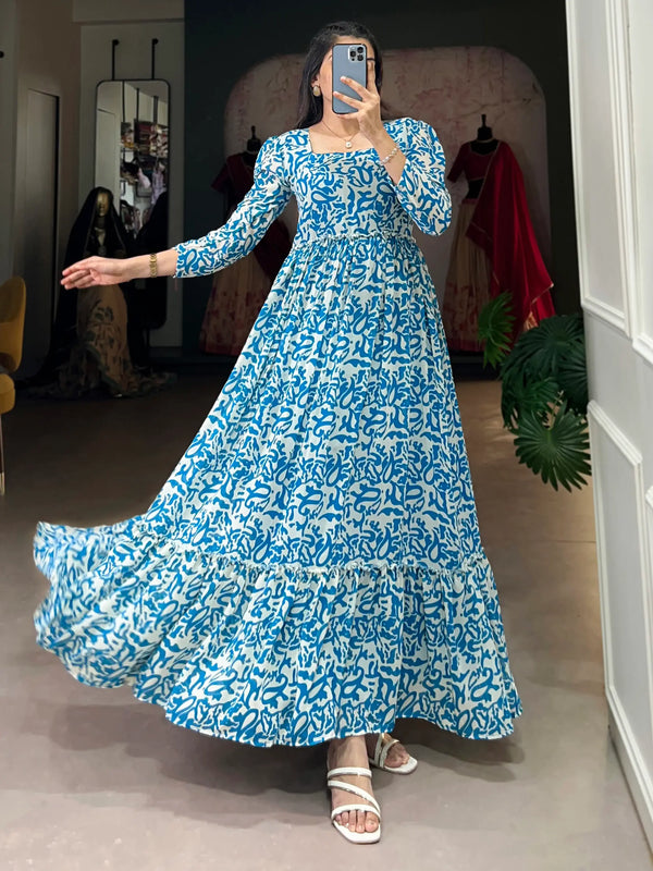 Enchanting Blue Digital Printed Georgette Festival Wear Gown - Zeel Clothing