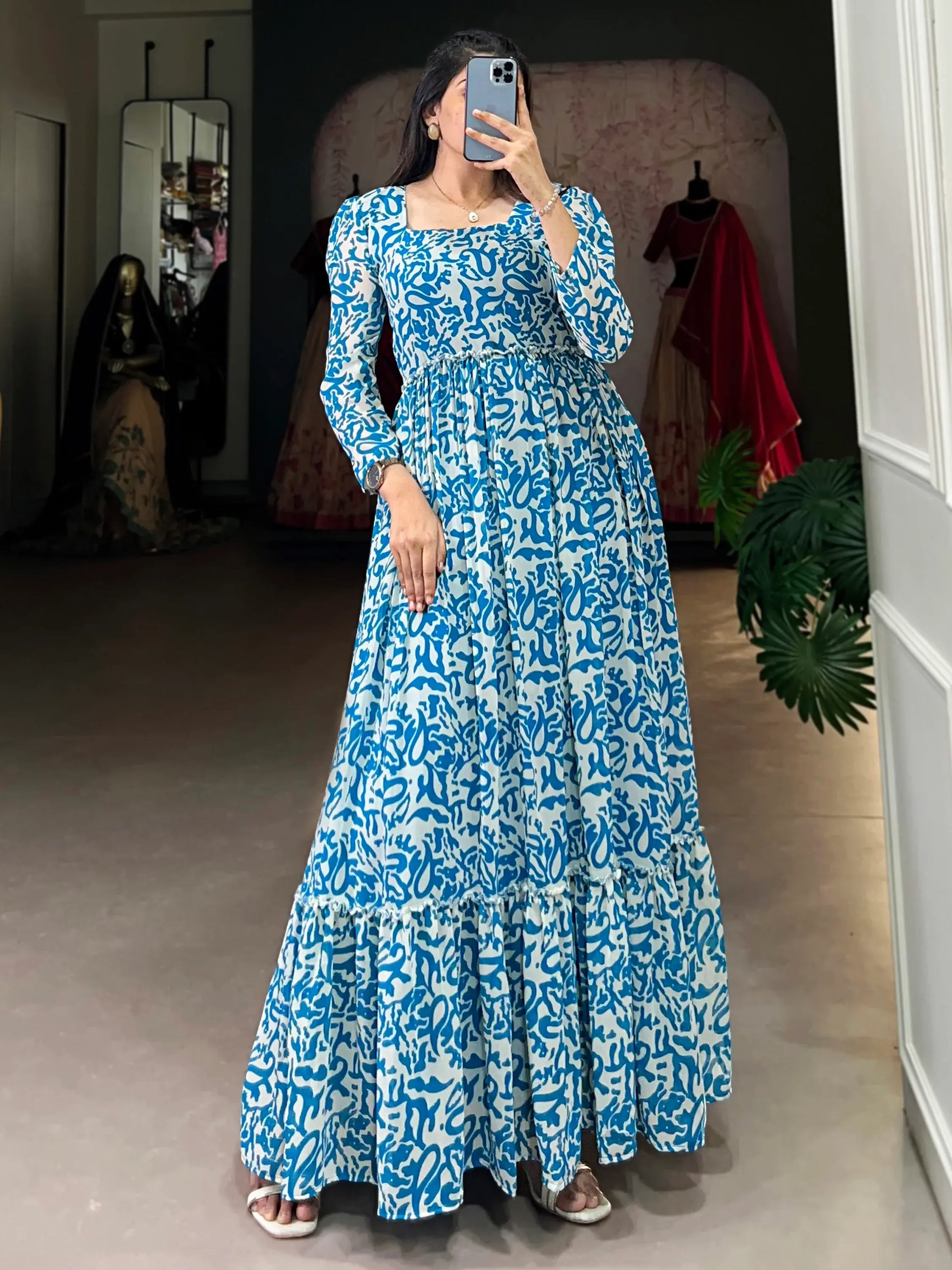 Enchanting Blue Digital Printed Georgette Festival Wear Gown - Zeel Clothing